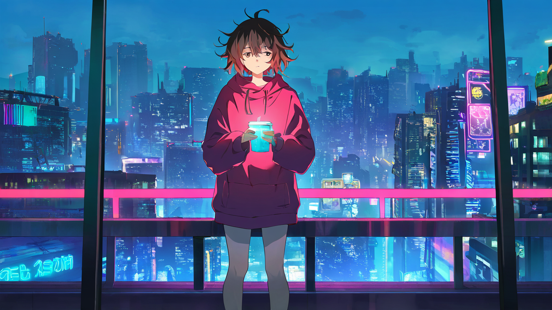 cyberpunk girl balcony lofi wallpaper