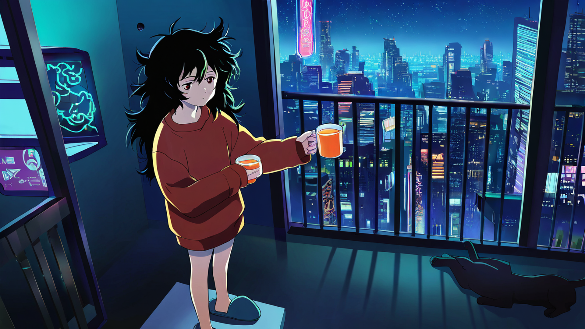 cyberpunk girl balcony lofi wallpaper