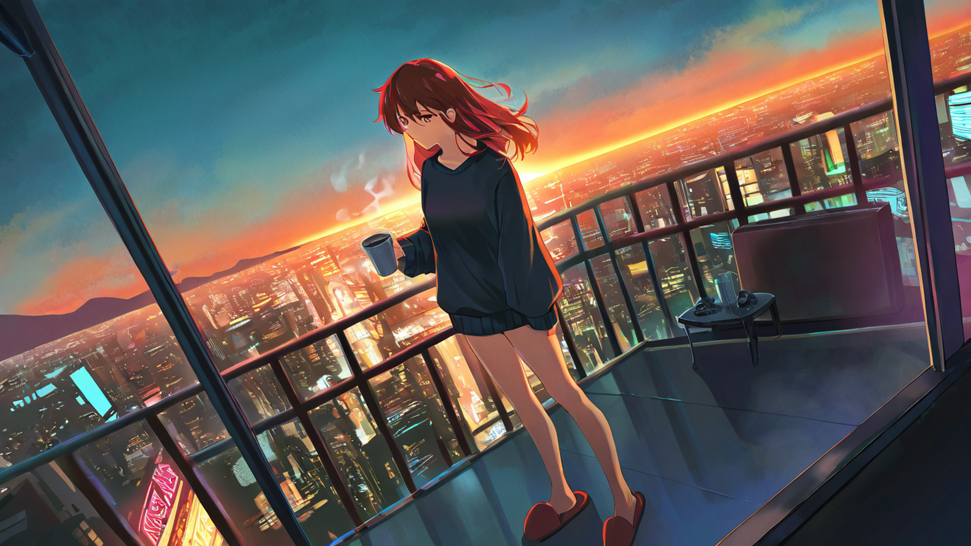 cyberpunk girl balcony lofi wallpaper