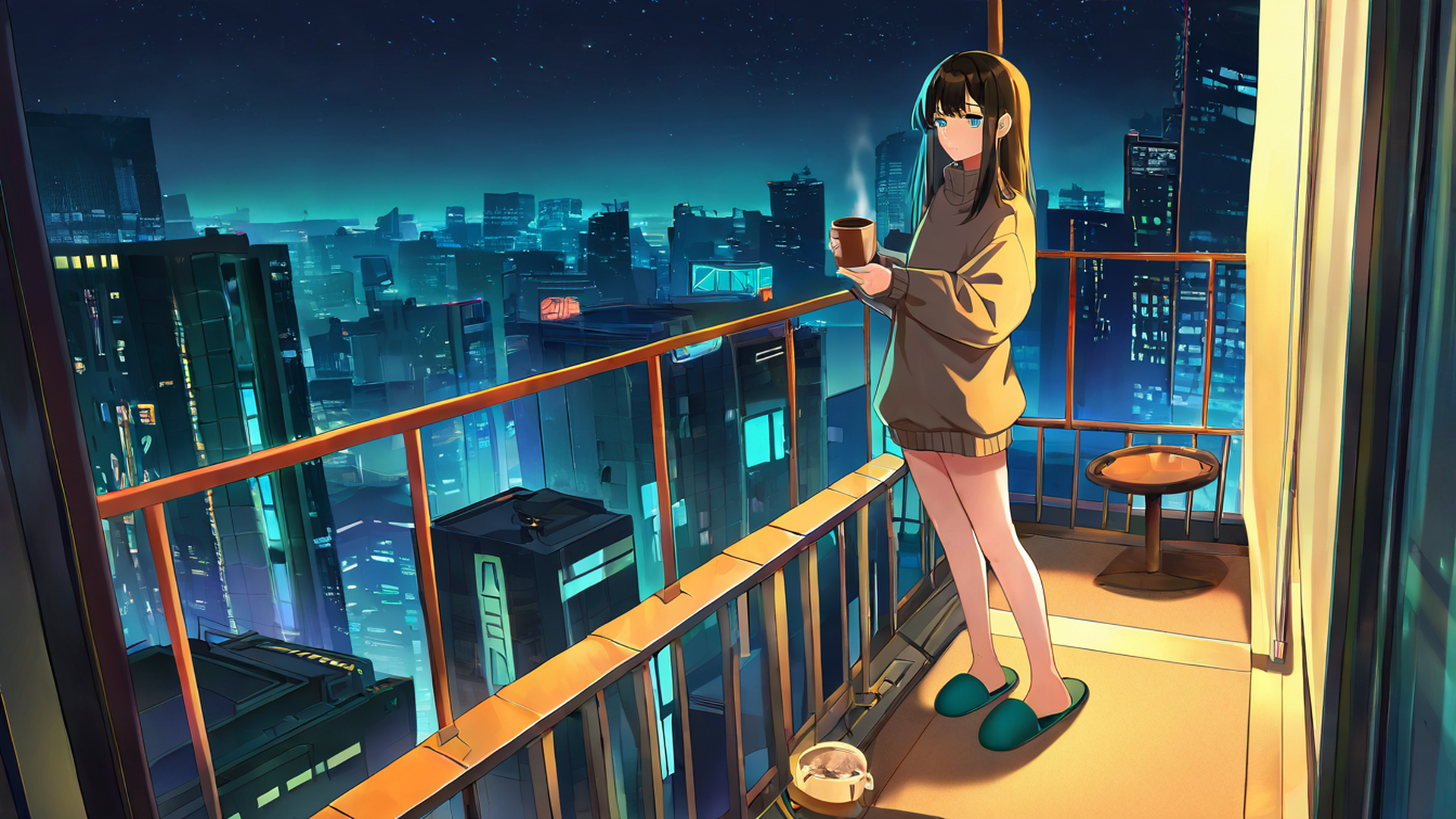 cyberpunk girl balcony lofi wallpaper