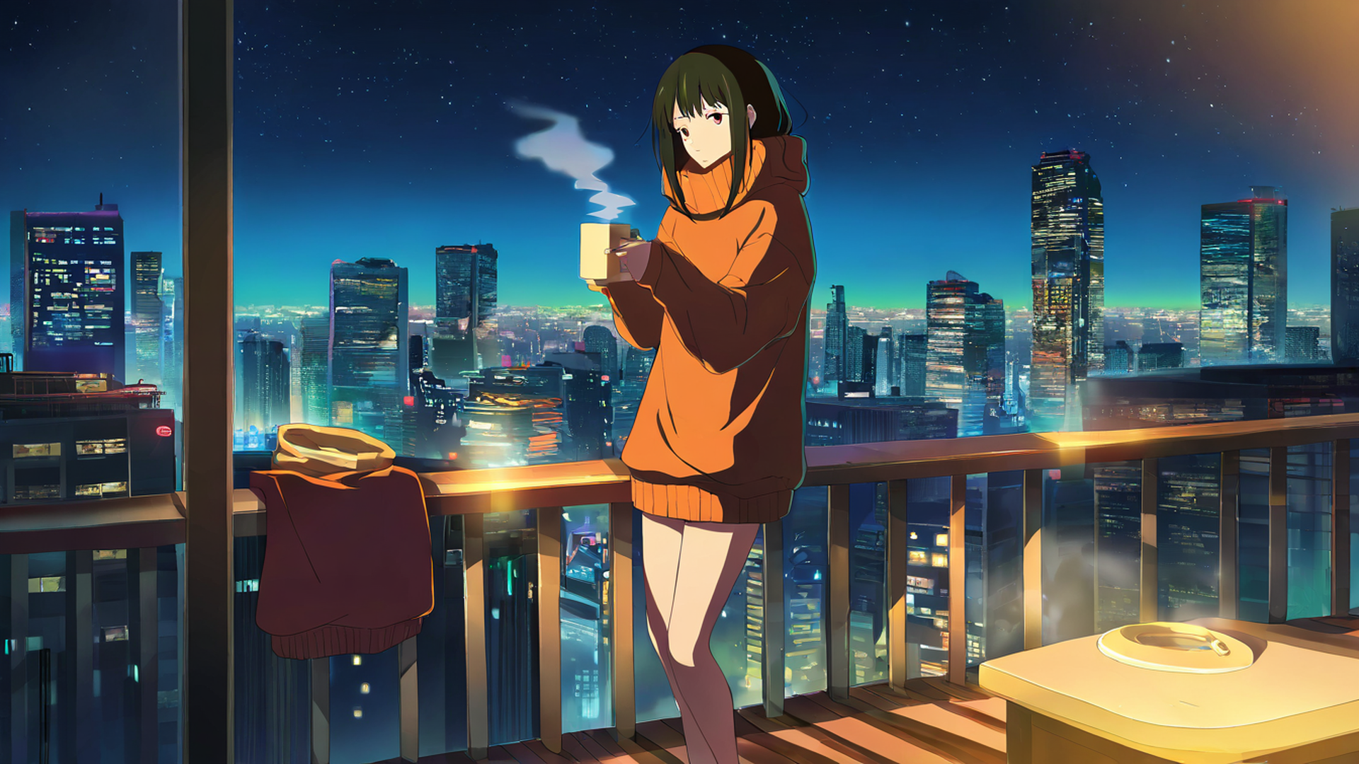 cyberpunk girl balcony lofi wallpaper