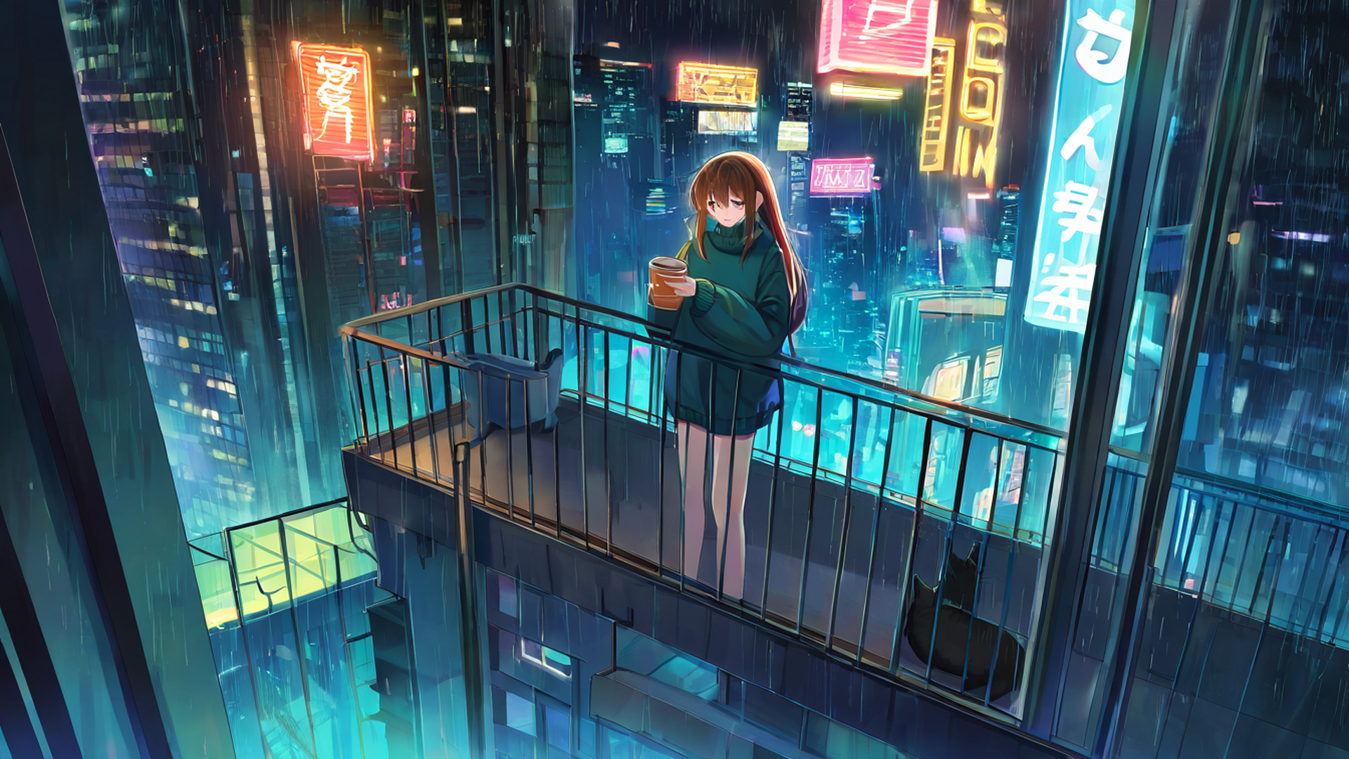 cyberpunk girl balcony lofi wallpaper