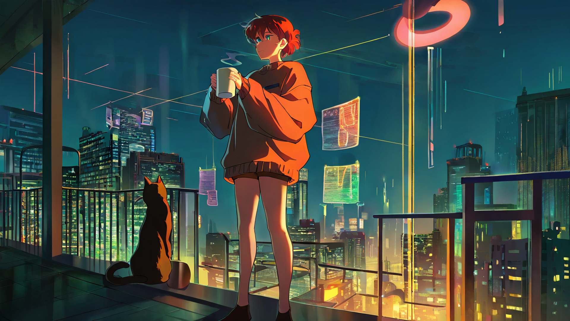 cyberpunk girl balcony lofi wallpaper