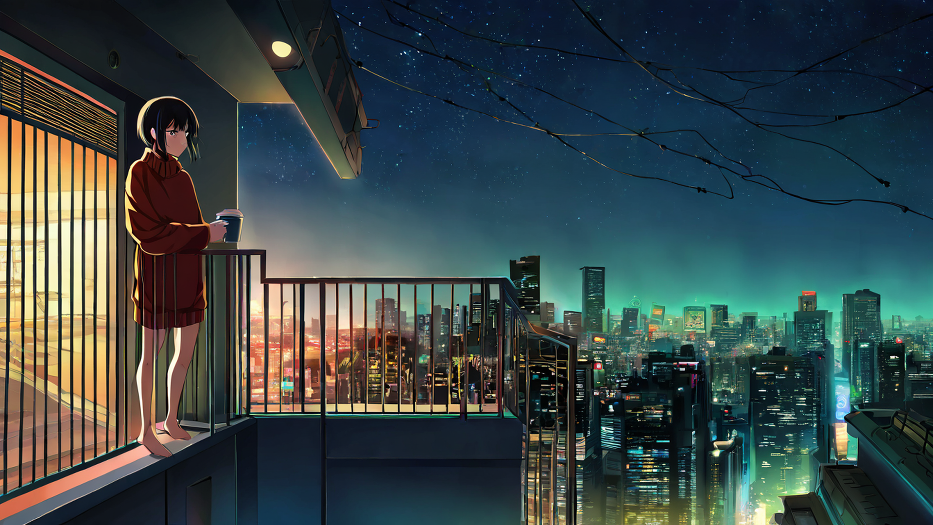 cyberpunk girl balcony lofi wallpaper