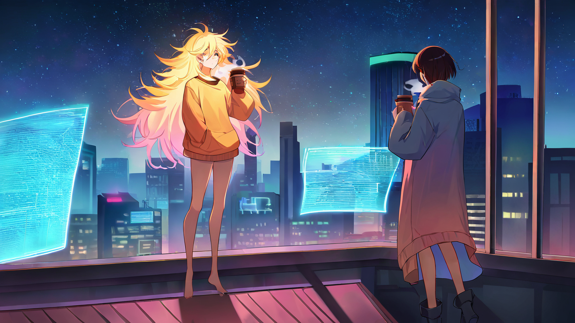 cyberpunk girl balcony lofi wallpaper