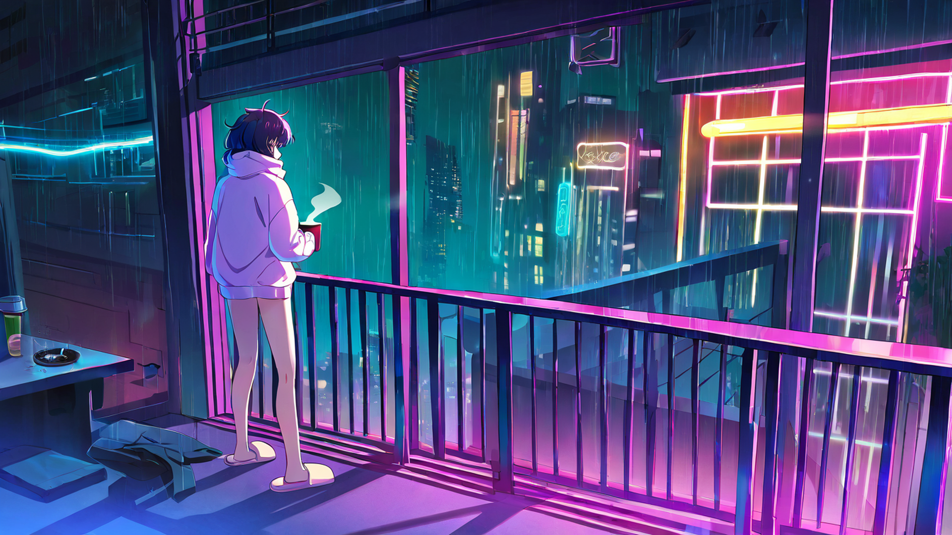 cyberpunk girl balcony lofi wallpaper