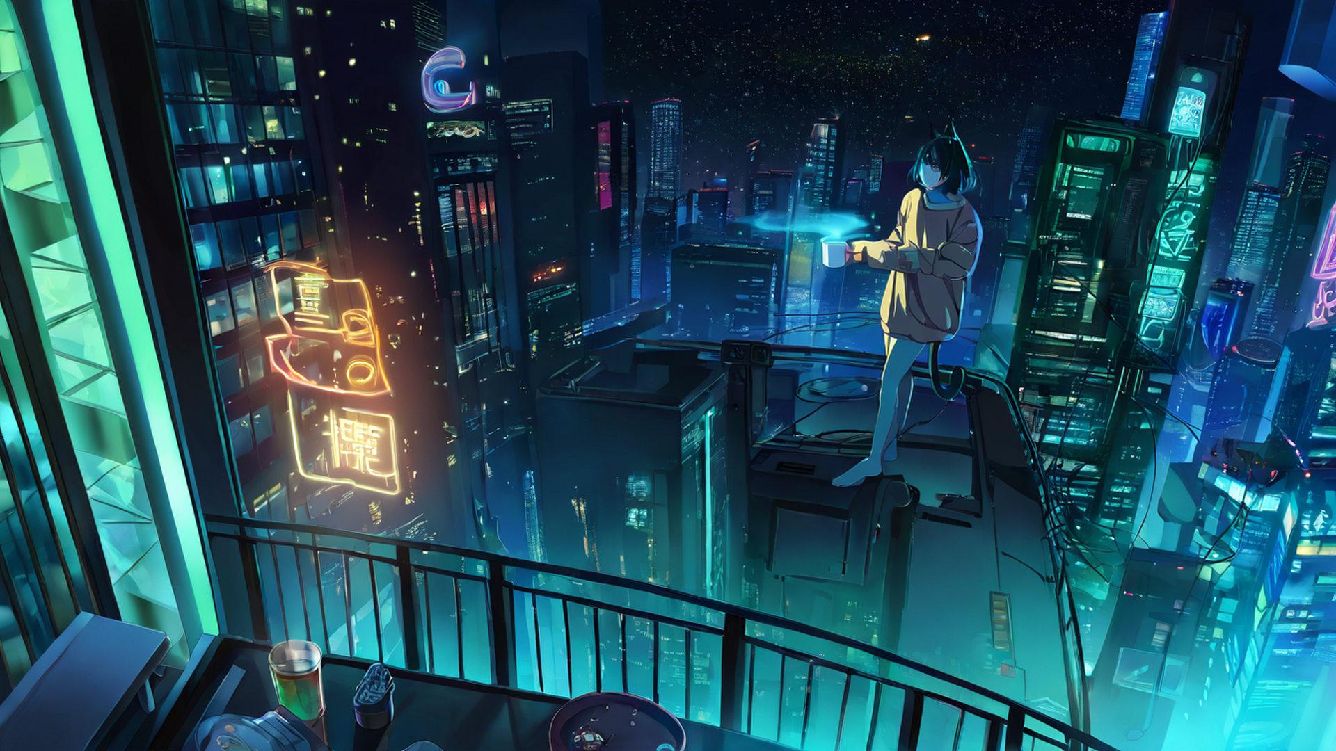 cyberpunk girl balcony lofi wallpaper