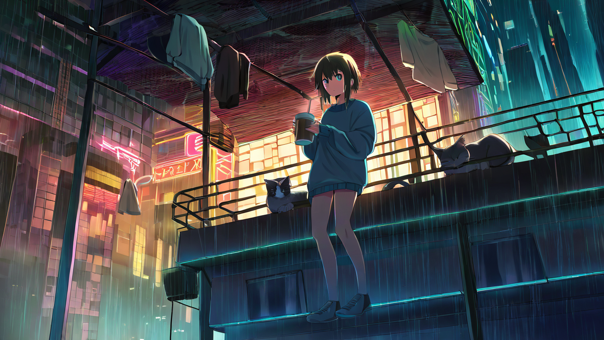 cyberpunk girl balcony lofi wallpaper