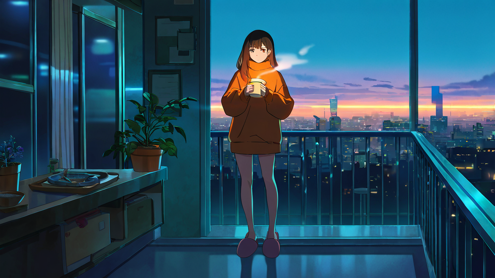 cyberpunk girl balcony lofi wallpaper