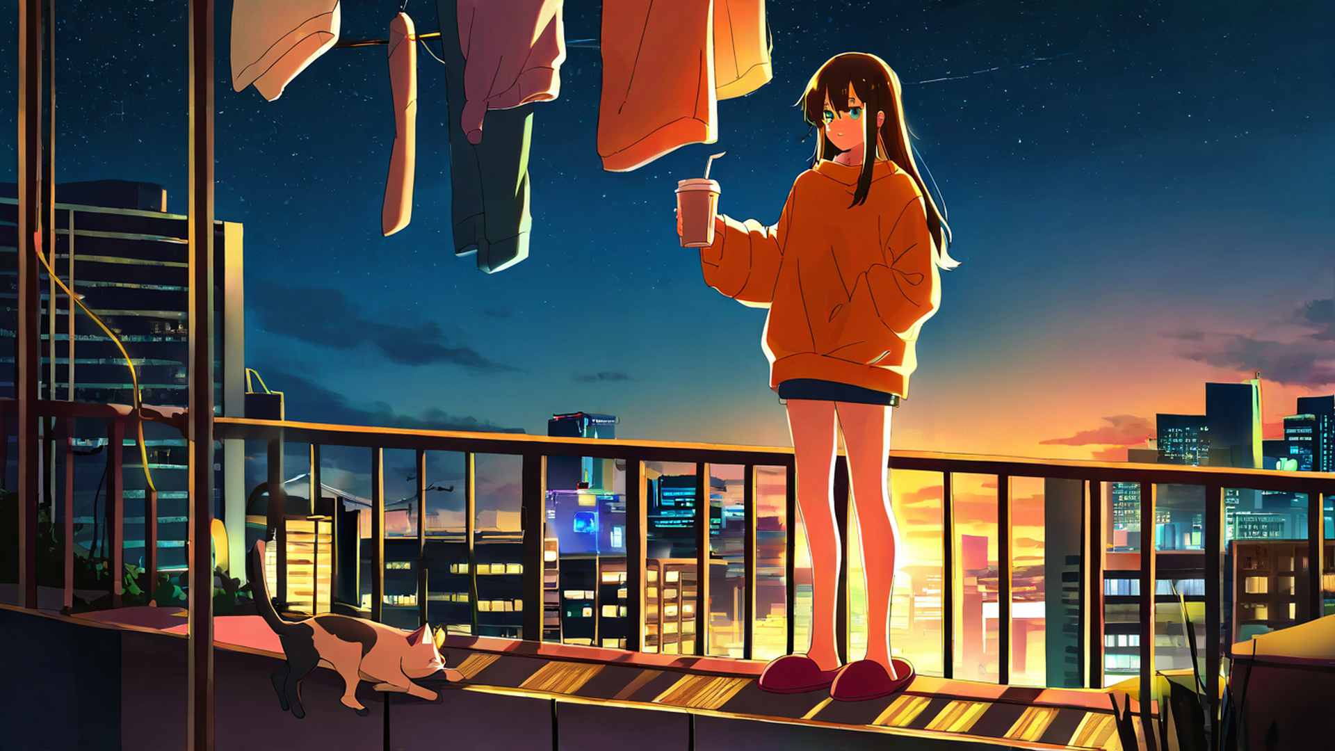 cyberpunk girl balcony lofi wallpaper