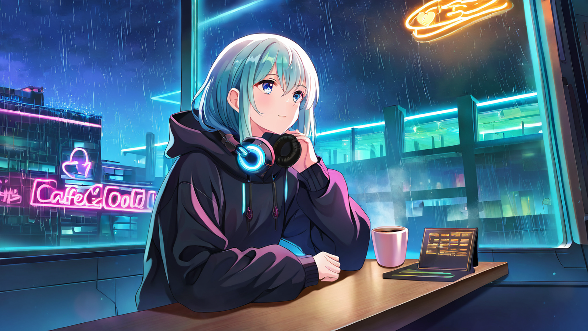 cyberpunk girl neon cafe lofi wallpaper