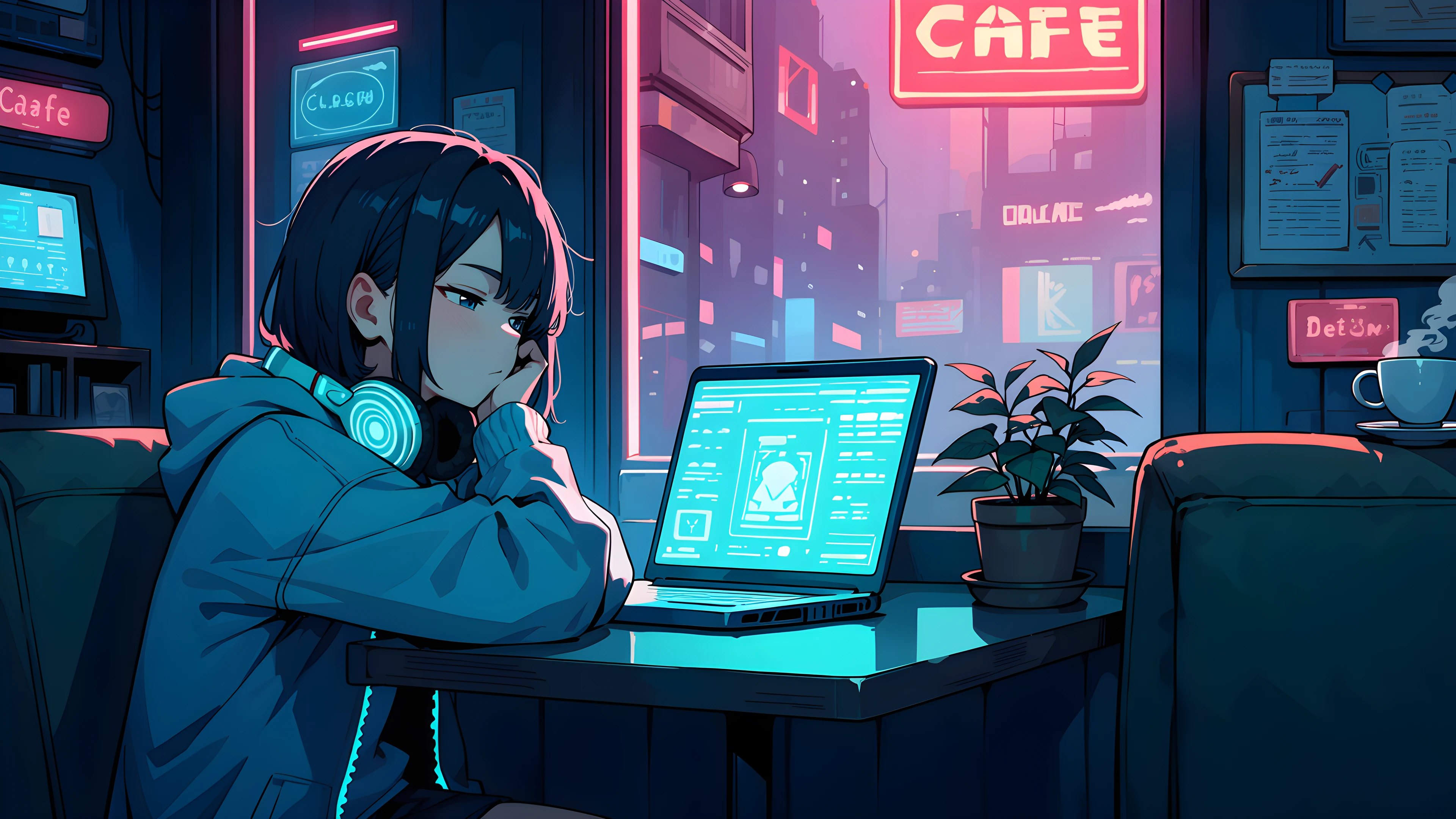 Cyberpunk Girl Neon Cafe lofi wallpaper