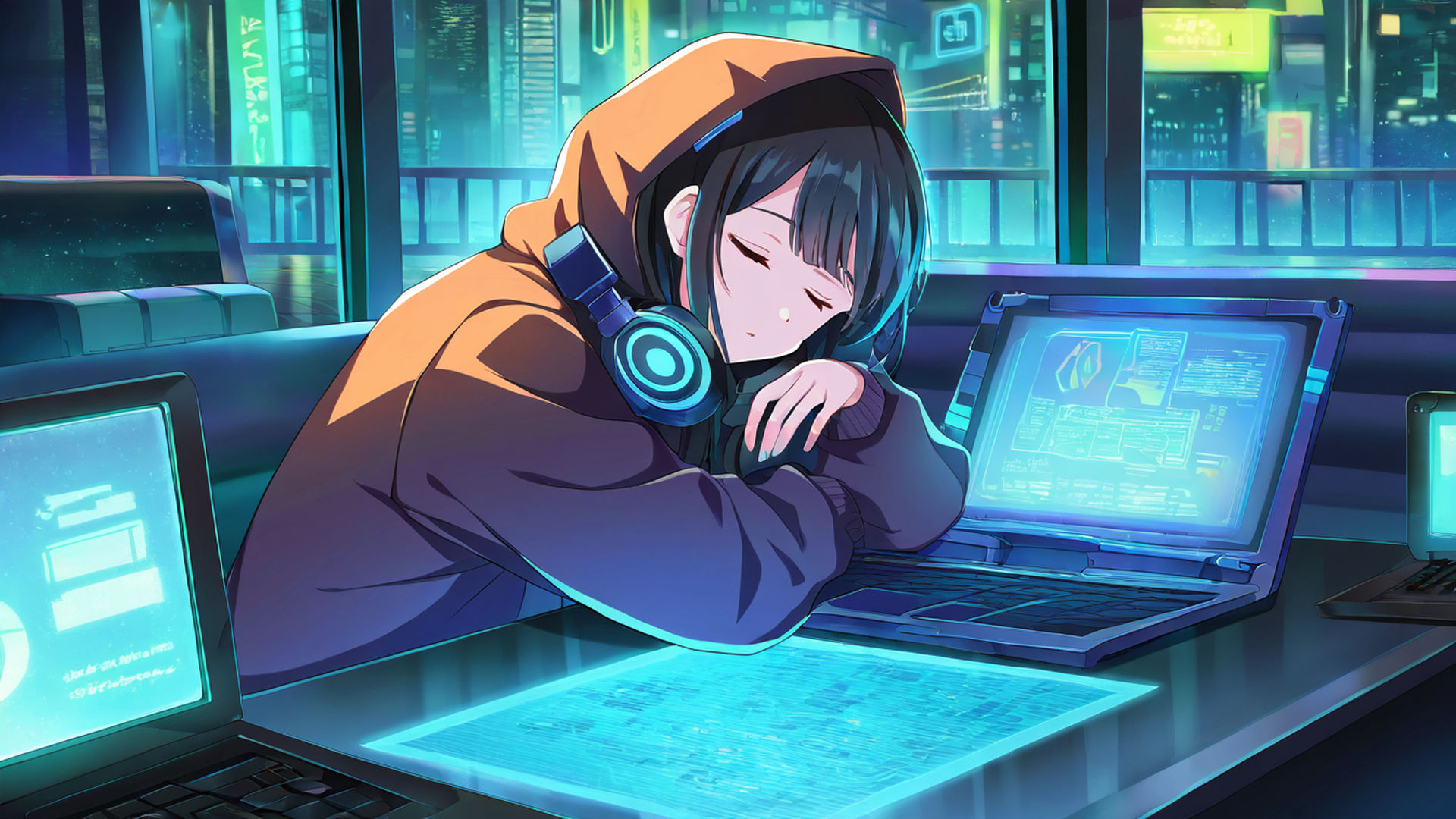 cyberpunk girl neon cafe lofi wallpaper