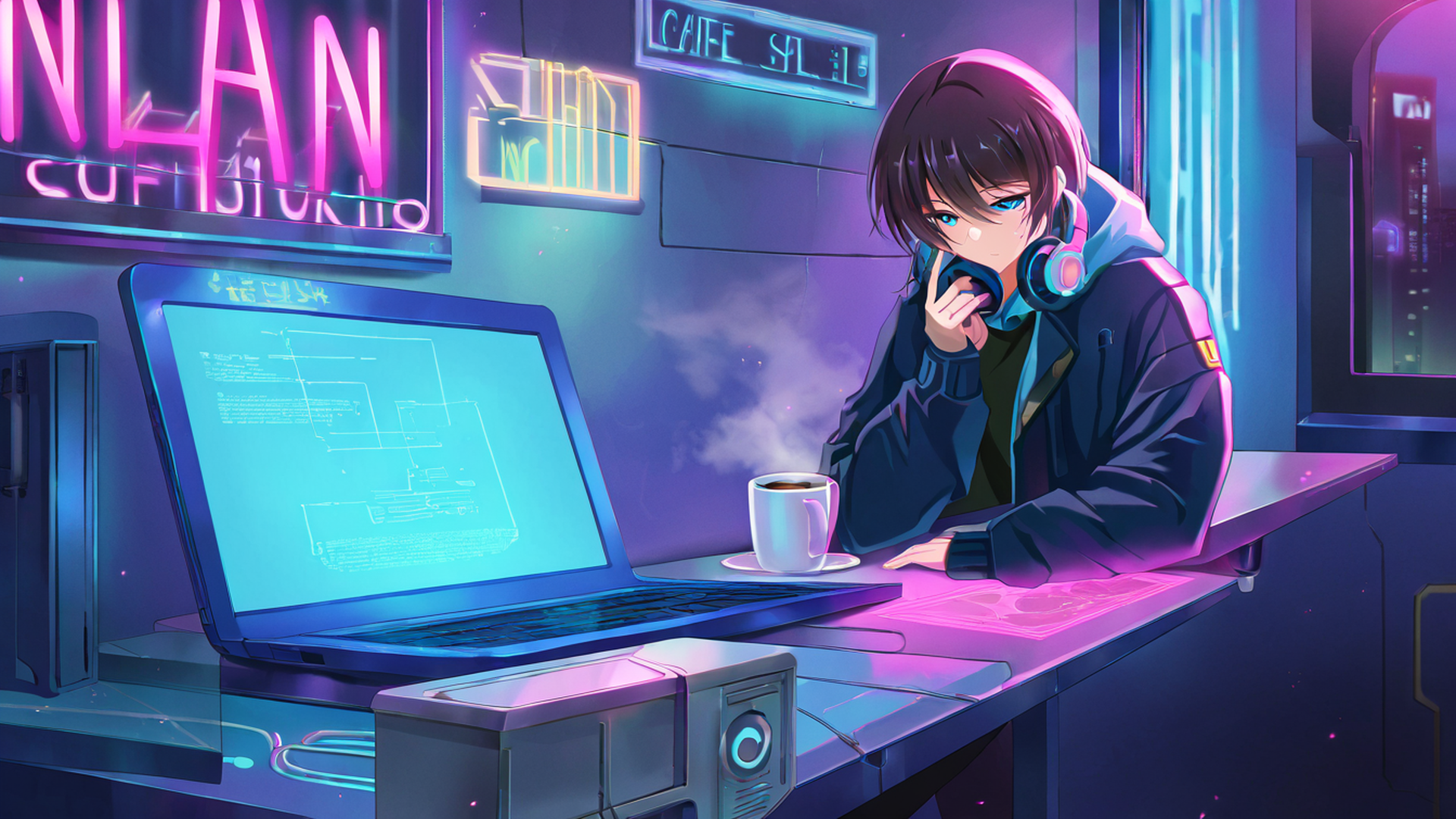 Cyberpunk Girl Neon Cafe Cyberpunk Girl Neon Cafe 0110509993 lofi anime wallpaper free download