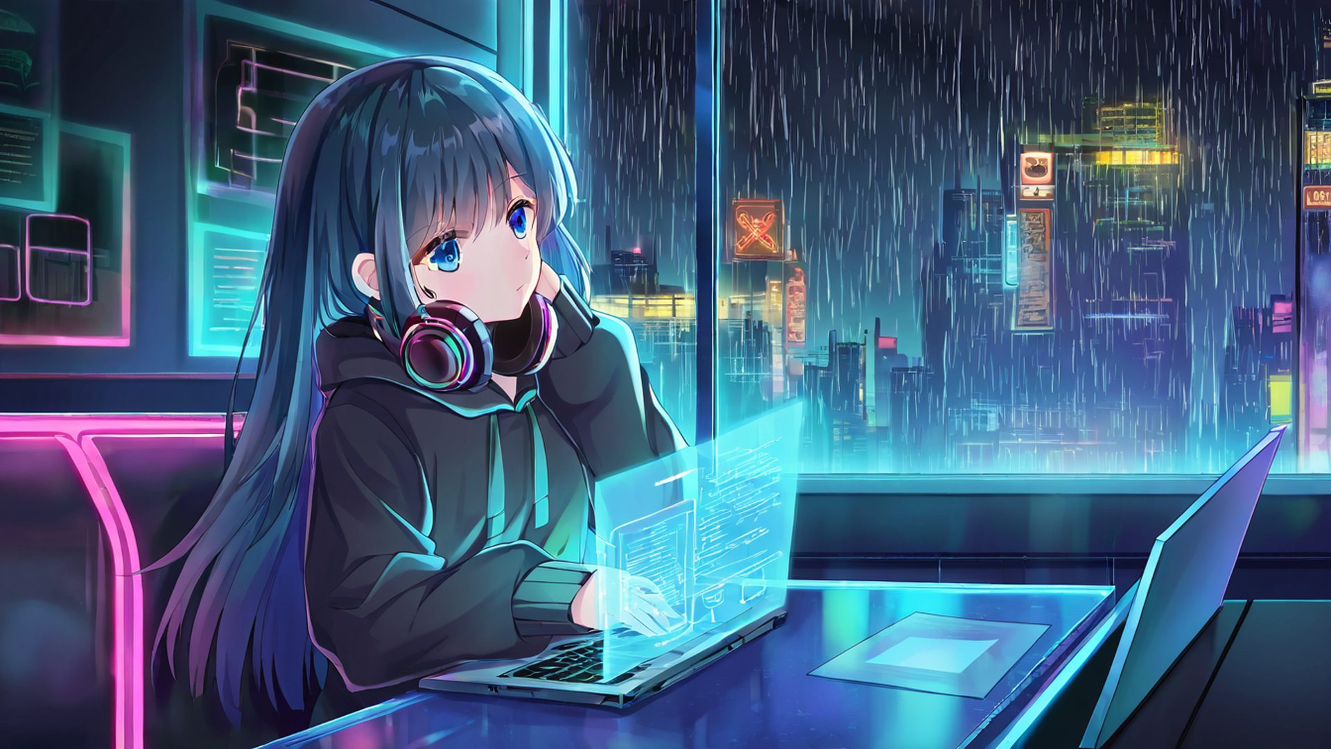 cyberpunk girl neon cafe lofi wallpaper