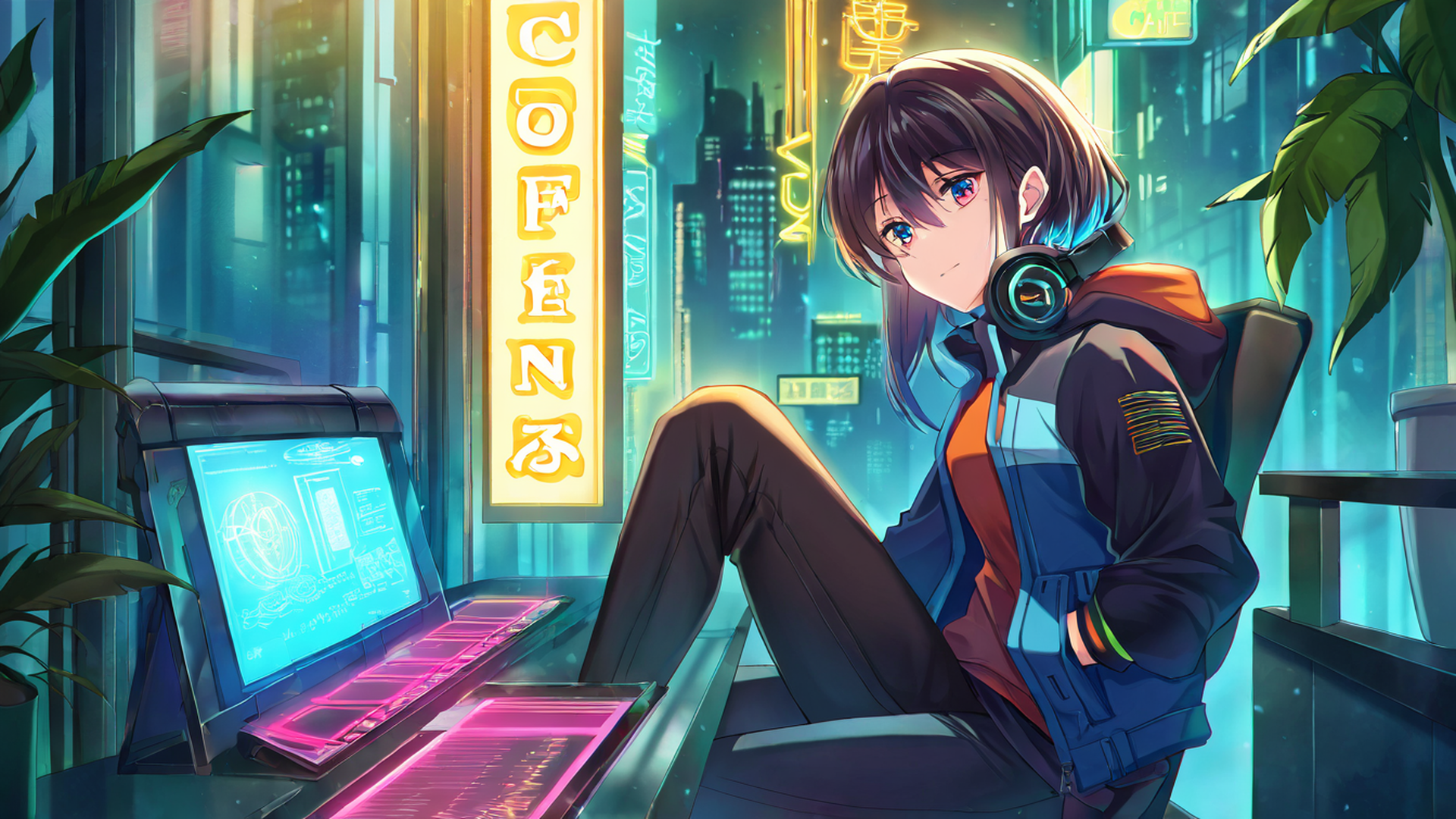 Cyberpunk Girl Neon Cafe Cyberpunk Girl Neon Cafe 0155232334 lofi anime wallpaper free download