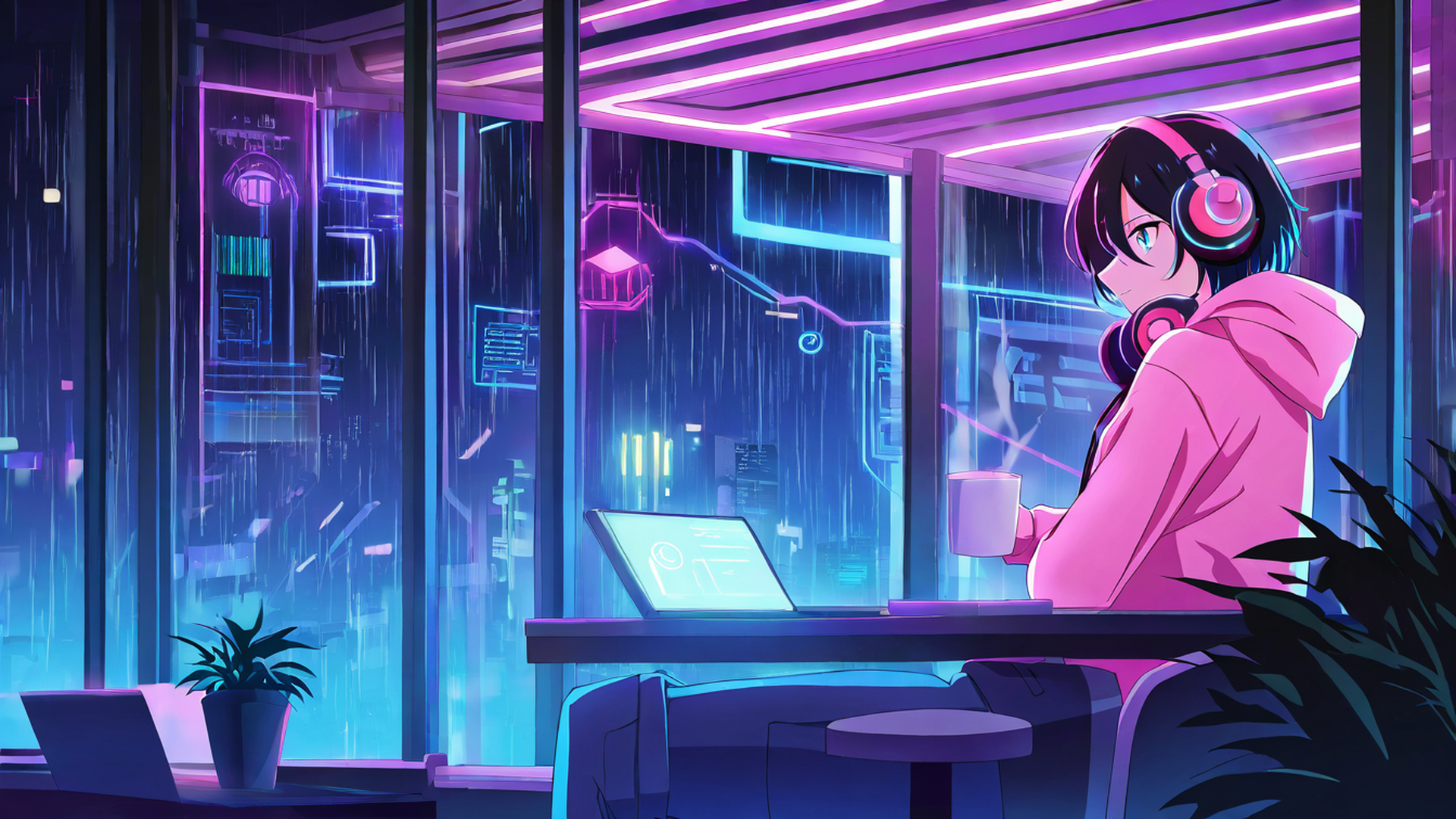 cyberpunk girl neon cafe lofi wallpaper