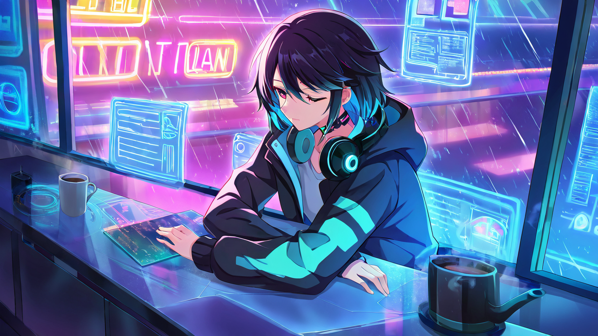 cyberpunk girl neon cafe lofi wallpaper