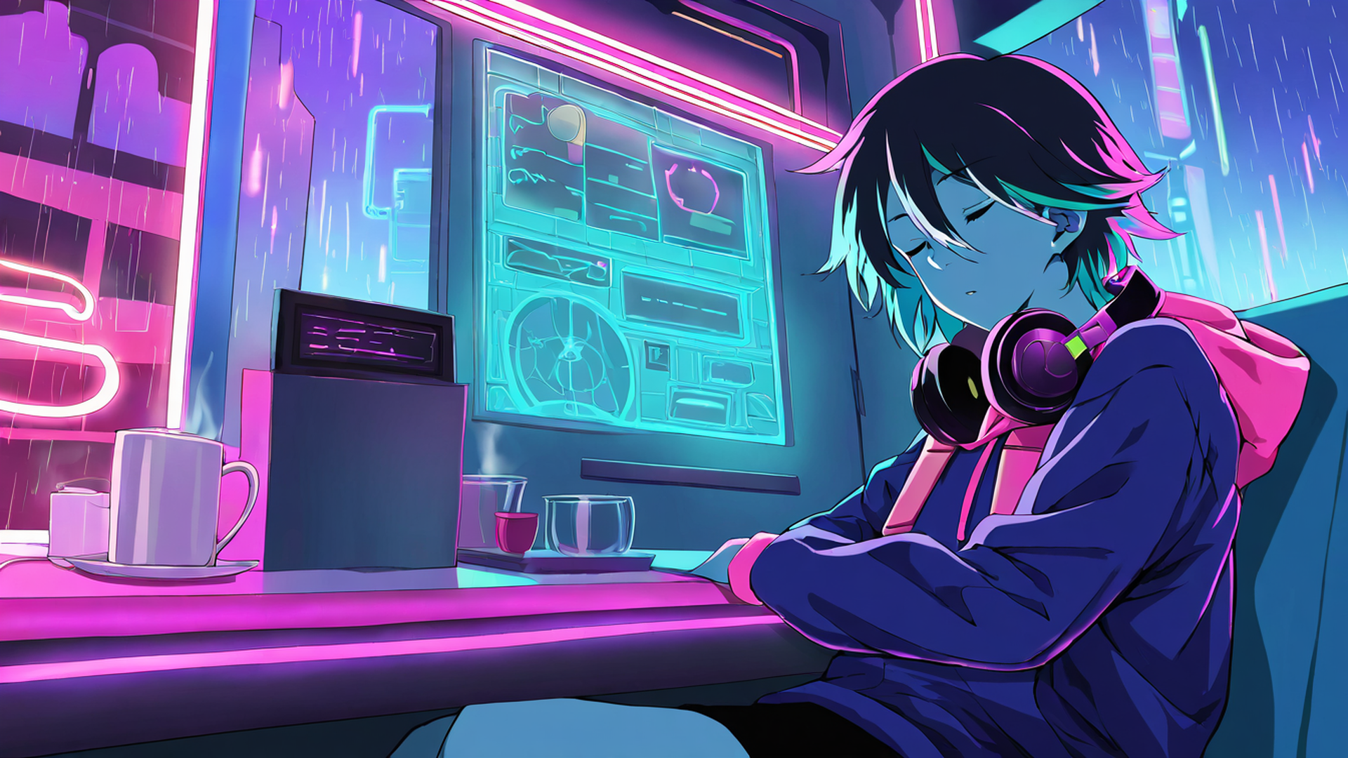 cyberpunk girl neon cafe lofi wallpaper