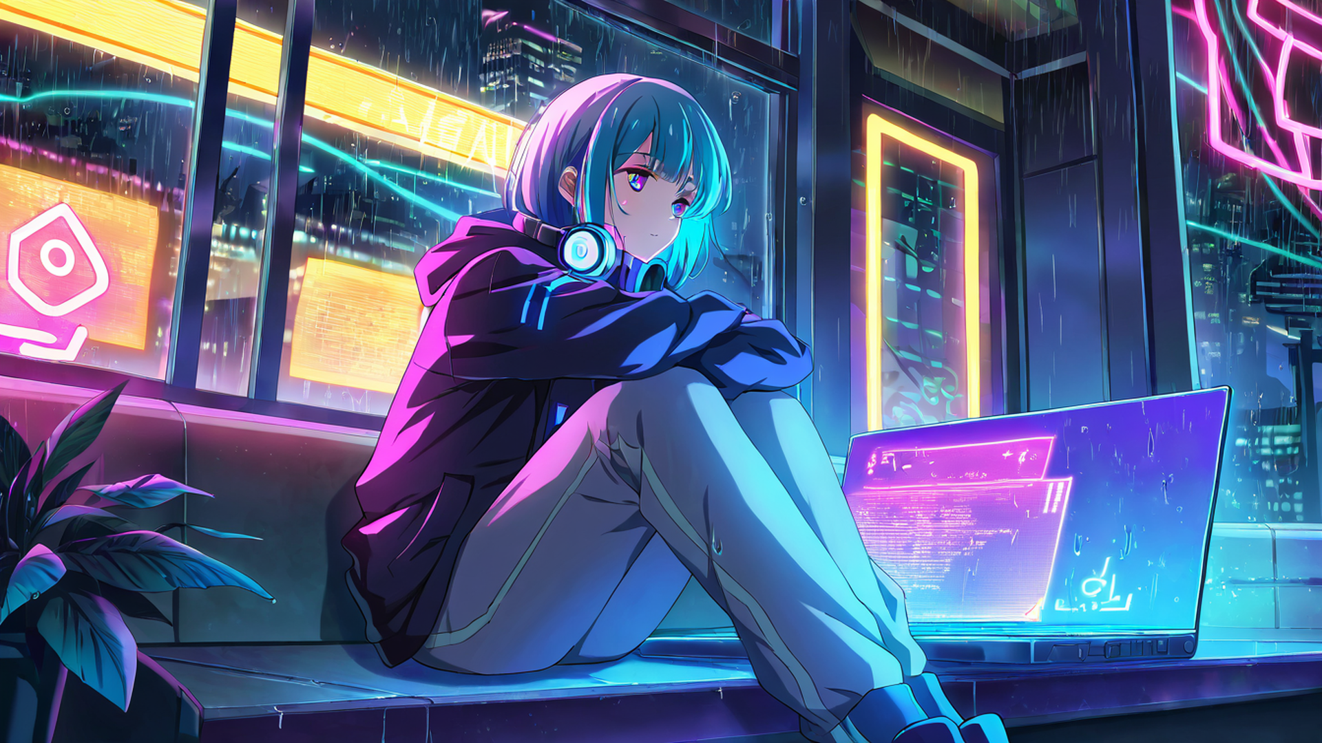 cyberpunk girl neon cafe lofi wallpaper