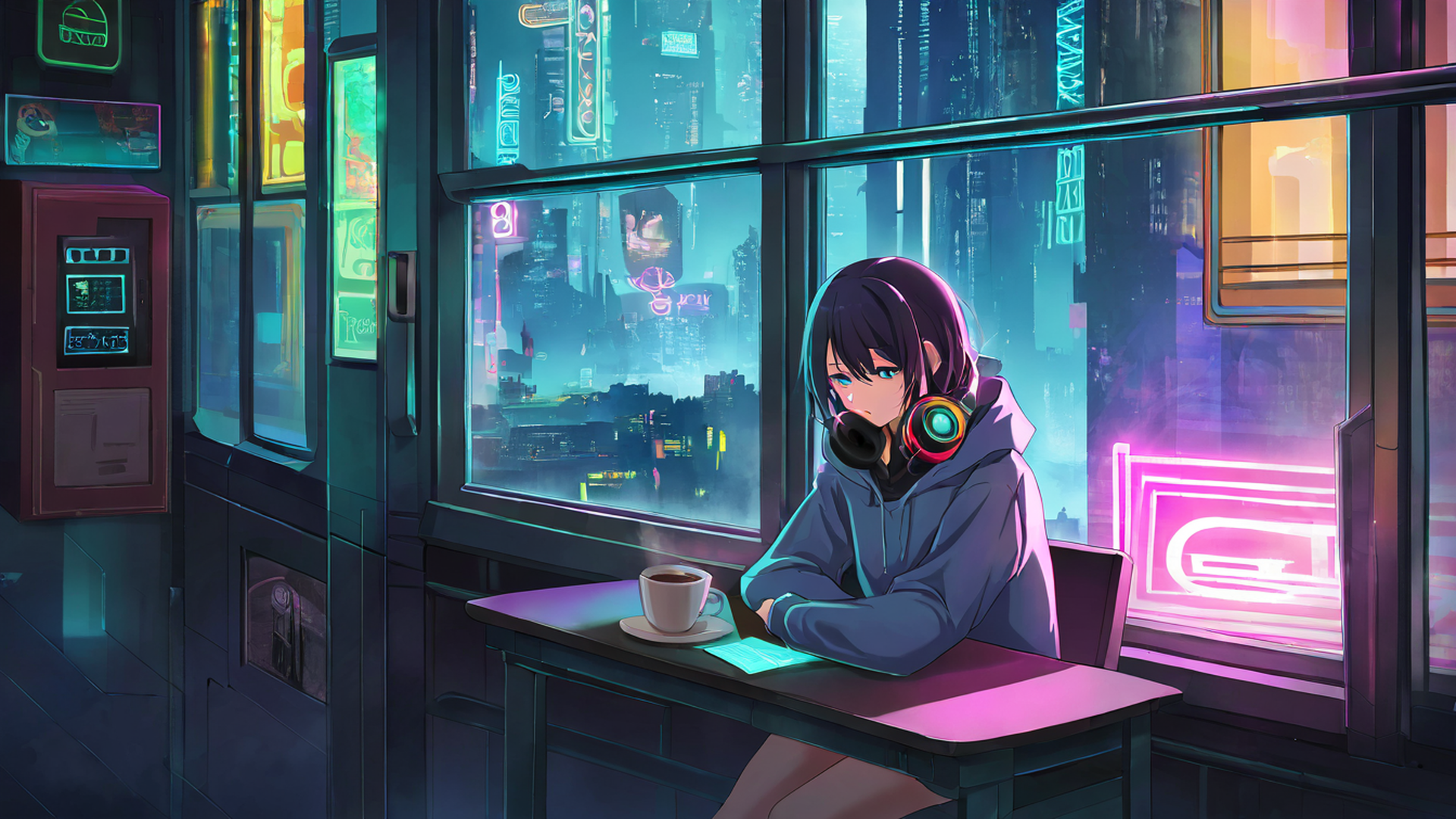 cyberpunk girl neon cafe lofi wallpaper