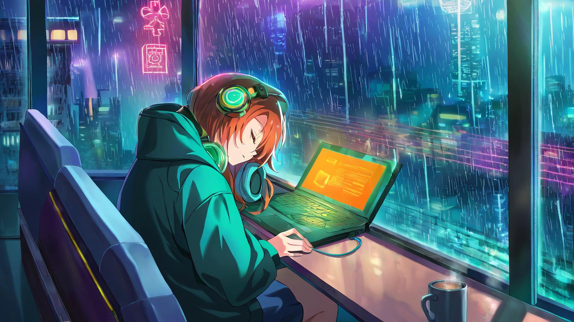 cyberpunk girl neon cafe lofi wallpaper