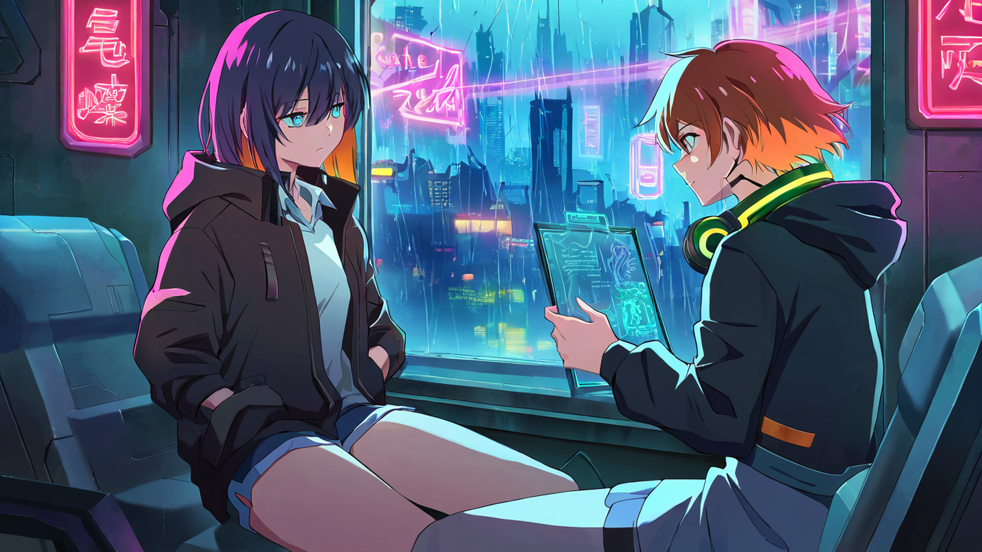 cyberpunk girl neon cafe lofi wallpaper