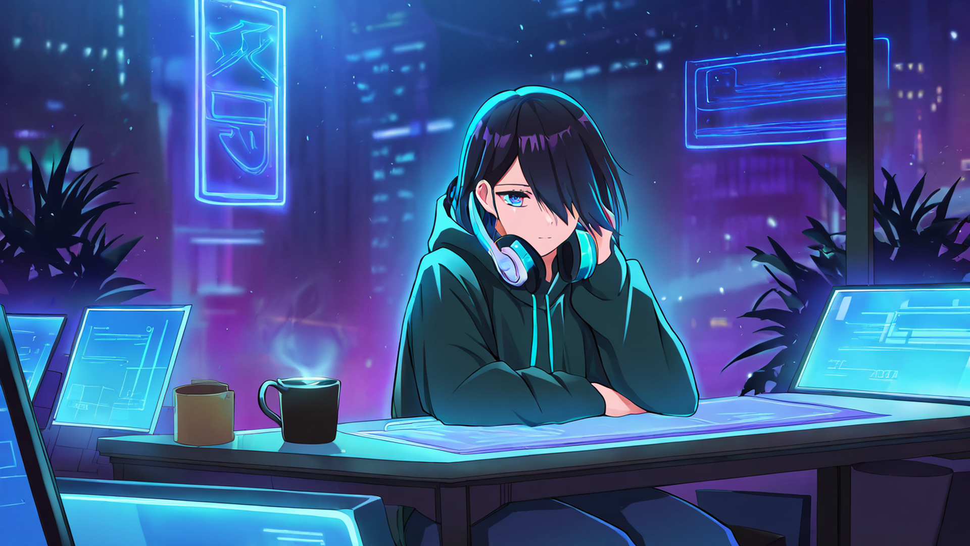 Cyberpunk Girl Neon Cafe Cyberpunk Girl Neon Cafe 0364925708 lofi anime wallpaper free download