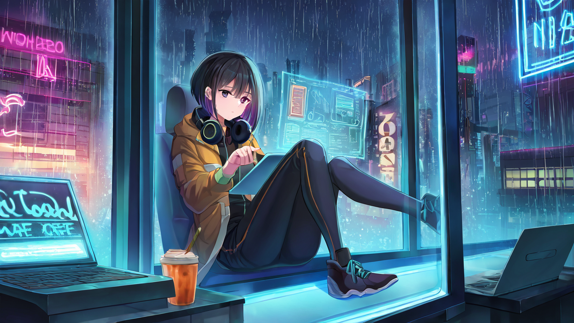 cyberpunk girl neon cafe lofi wallpaper