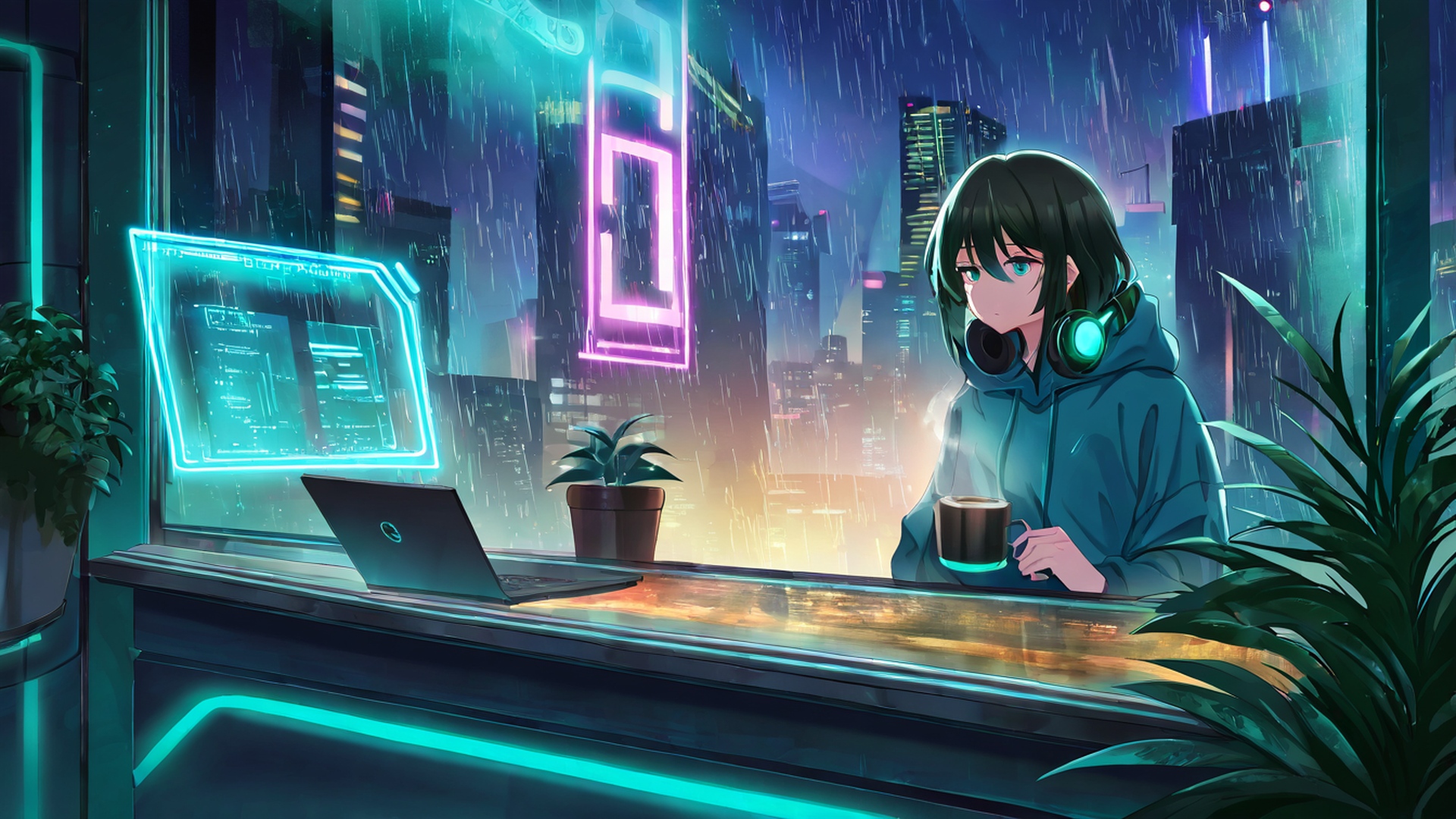 cyberpunk girl neon cafe lofi wallpaper