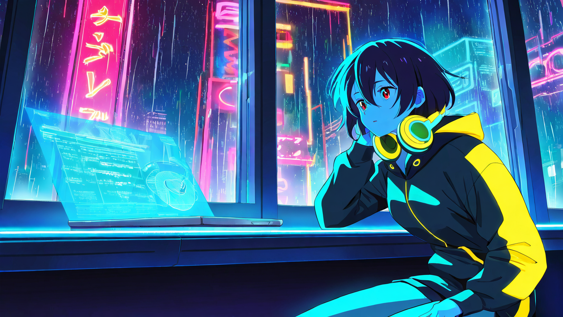 cyberpunk girl neon cafe lofi wallpaper