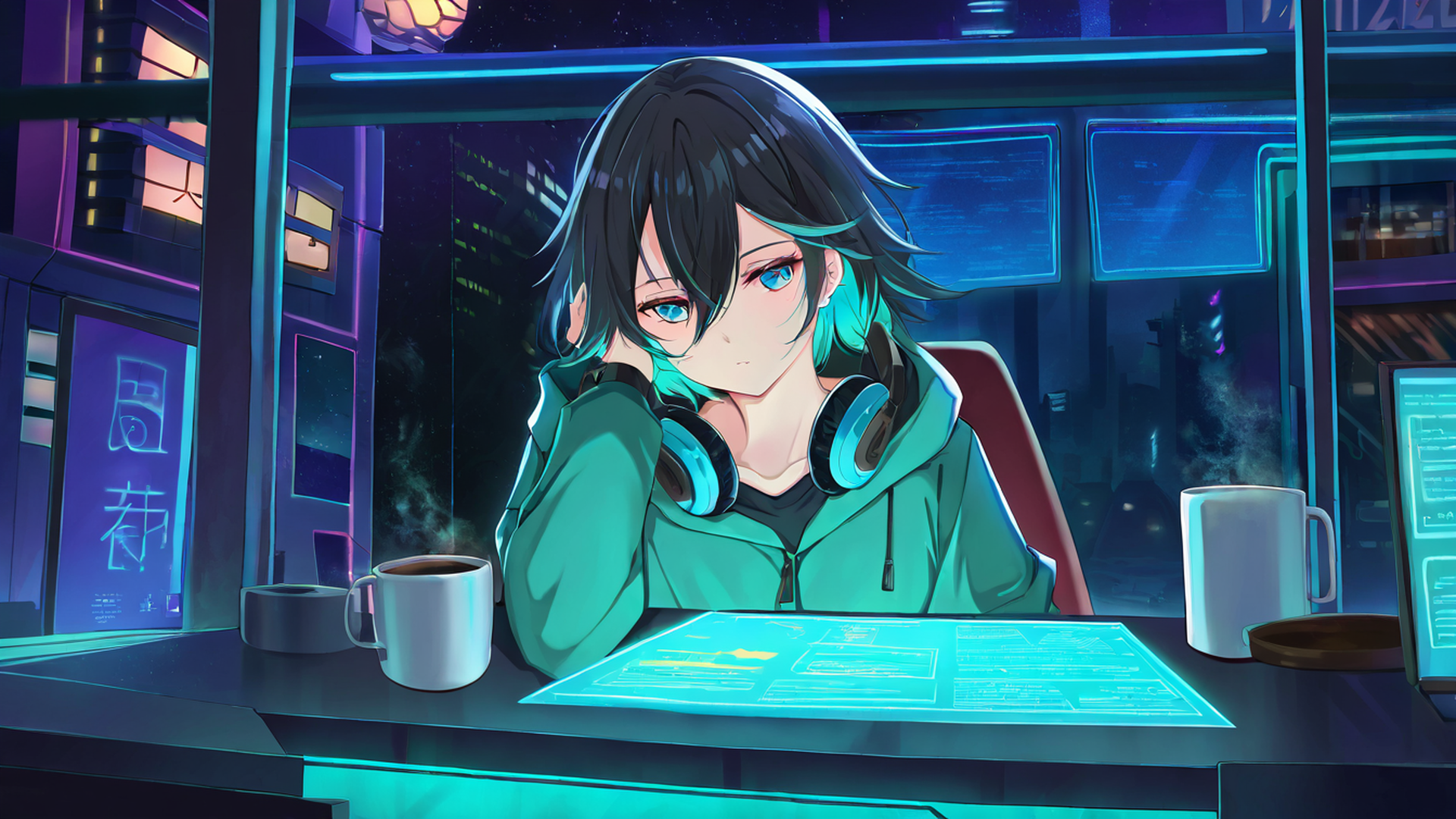 cyberpunk girl neon cafe lofi wallpaper