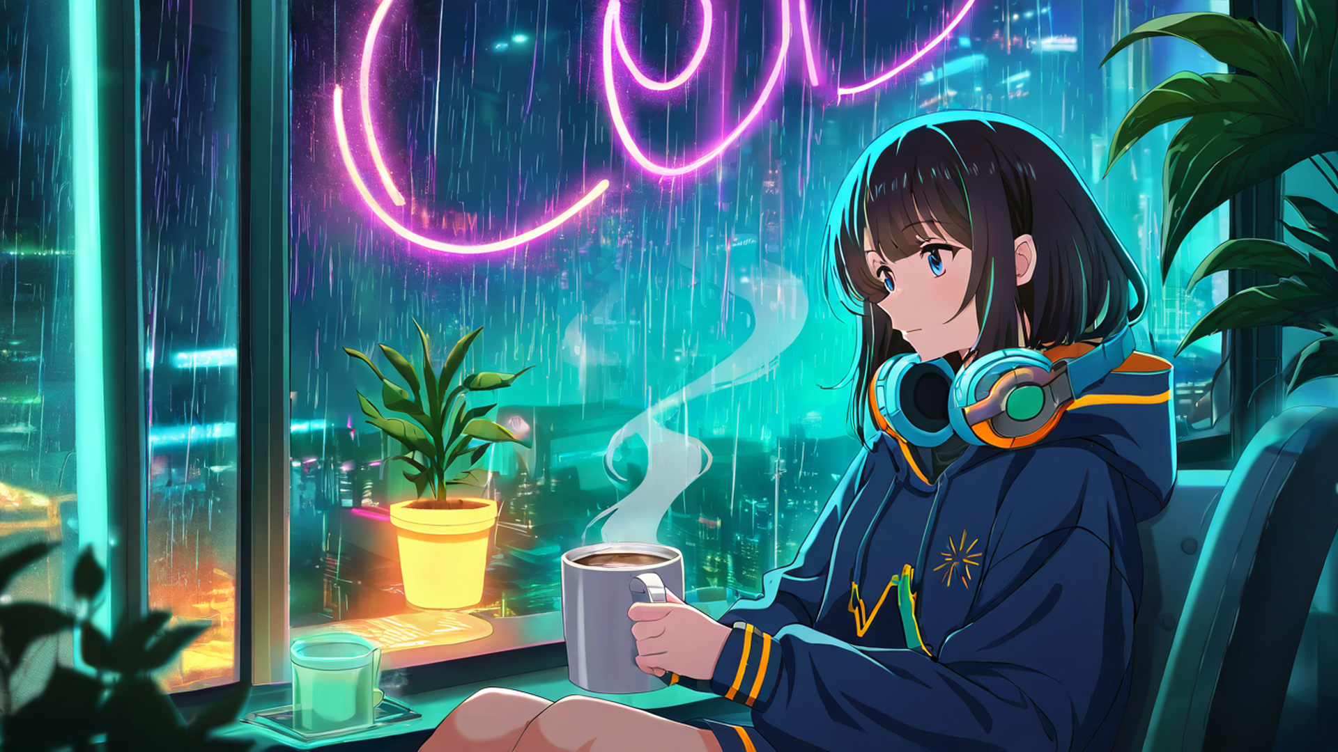 cyberpunk girl neon cafe lofi wallpaper