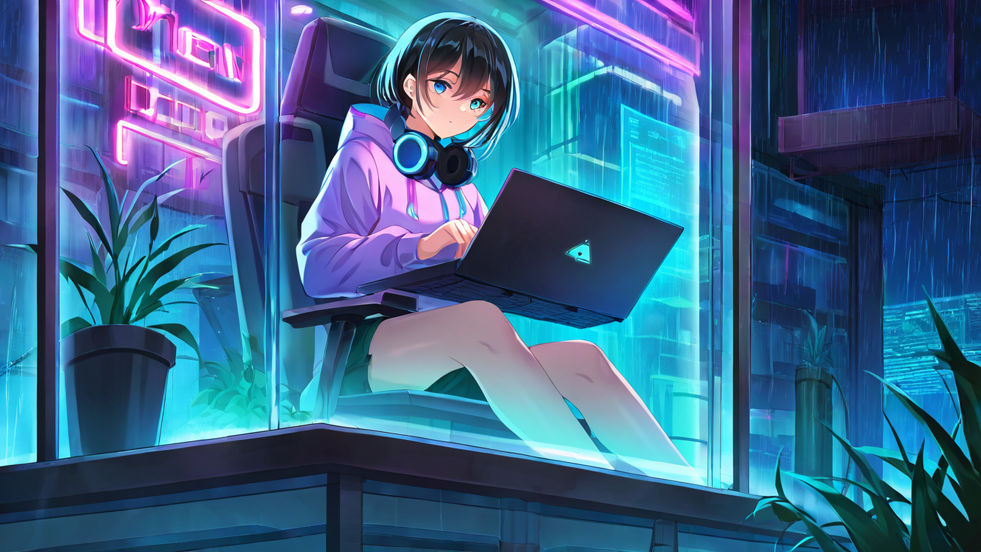 cyberpunk girl neon cafe lofi wallpaper