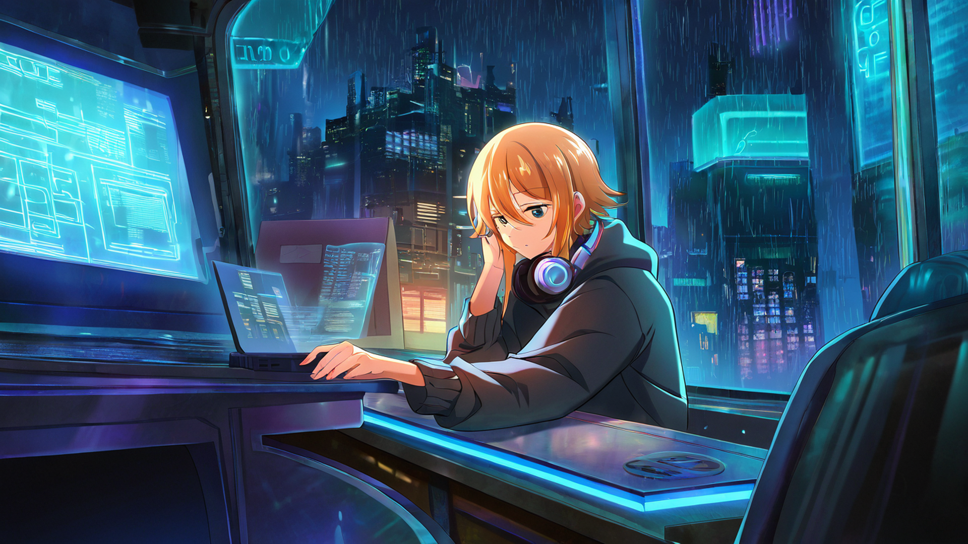 cyberpunk girl neon cafe lofi wallpaper