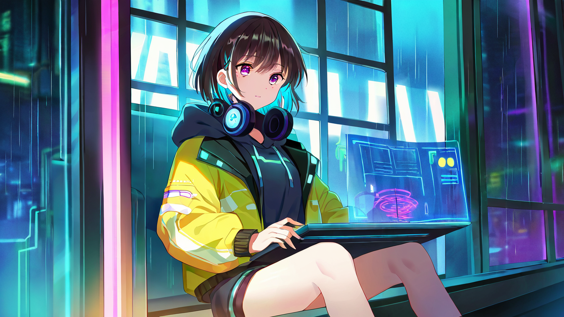 cyberpunk girl neon cafe lofi wallpaper