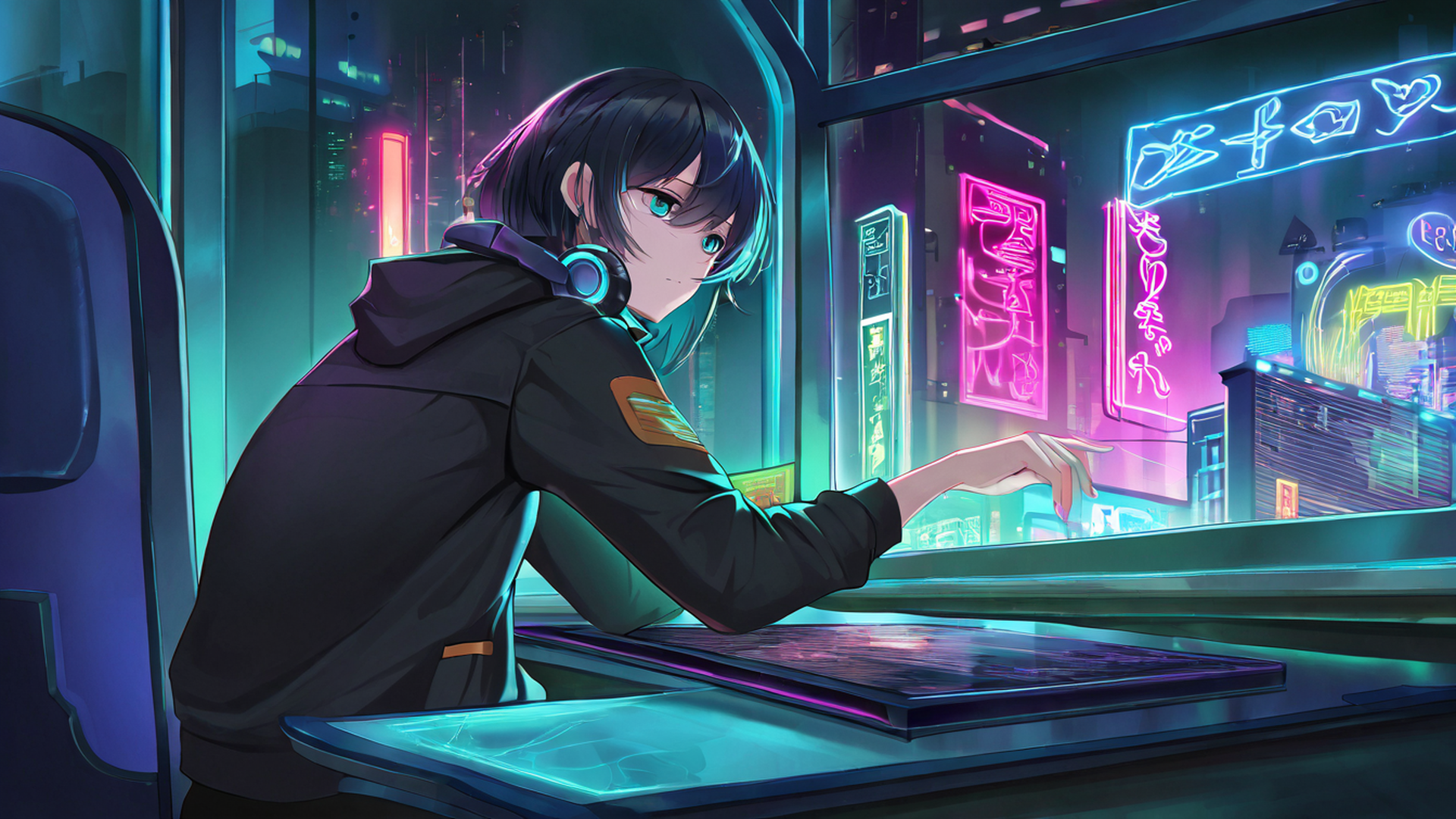 cyberpunk girl neon cafe lofi wallpaper