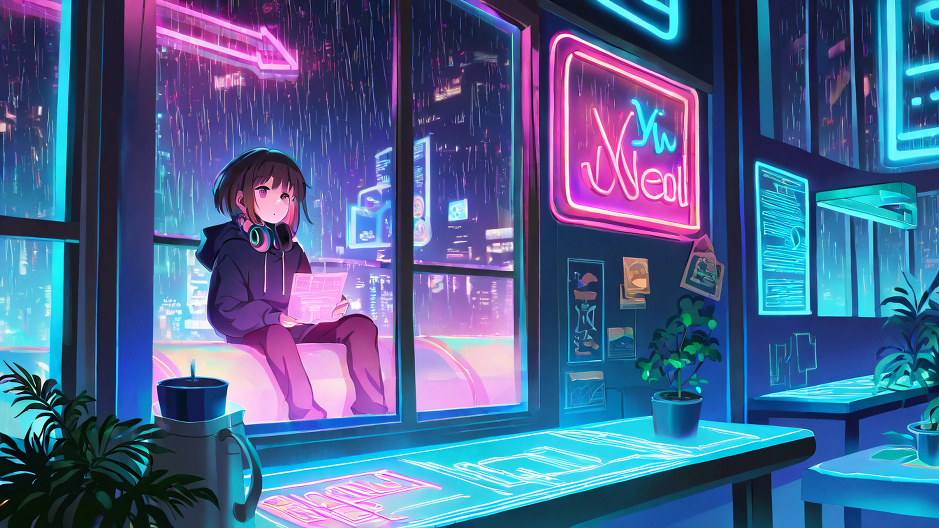 cyberpunk girl neon cafe lofi wallpaper
