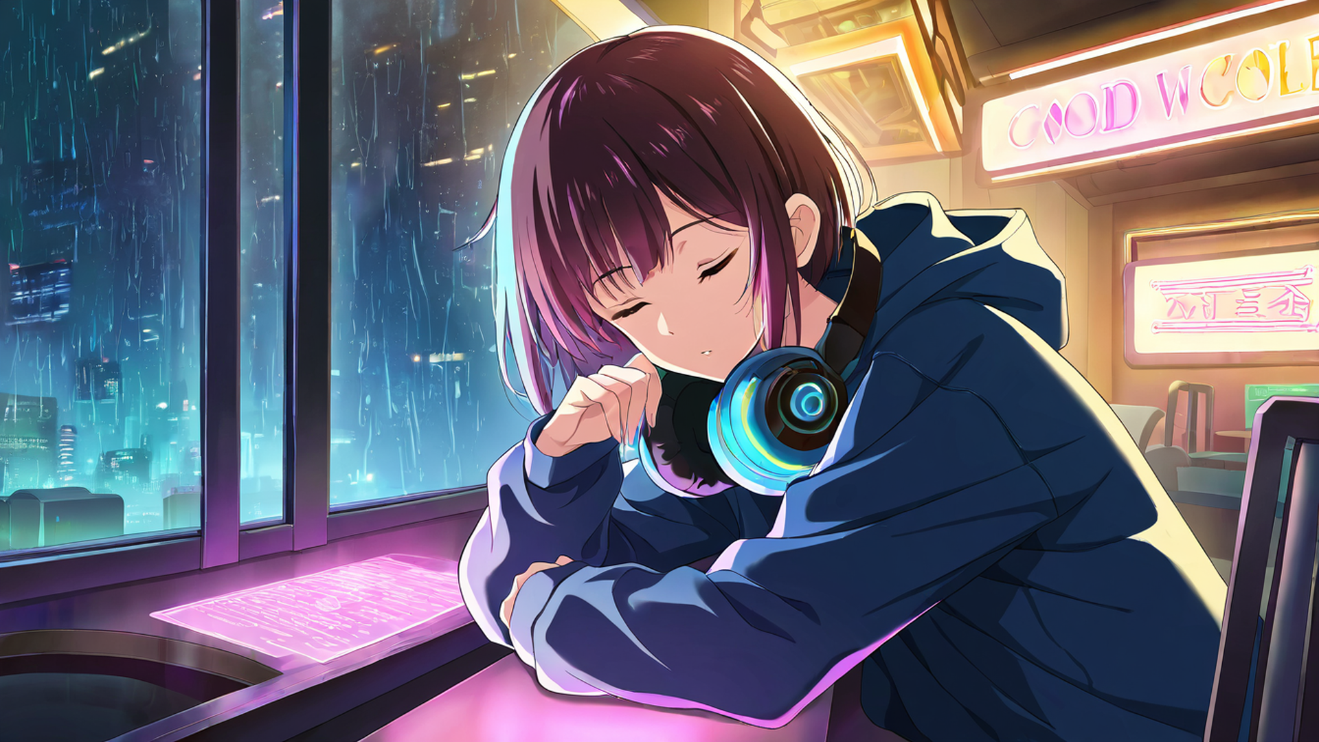 cyberpunk girl neon cafe lofi wallpaper