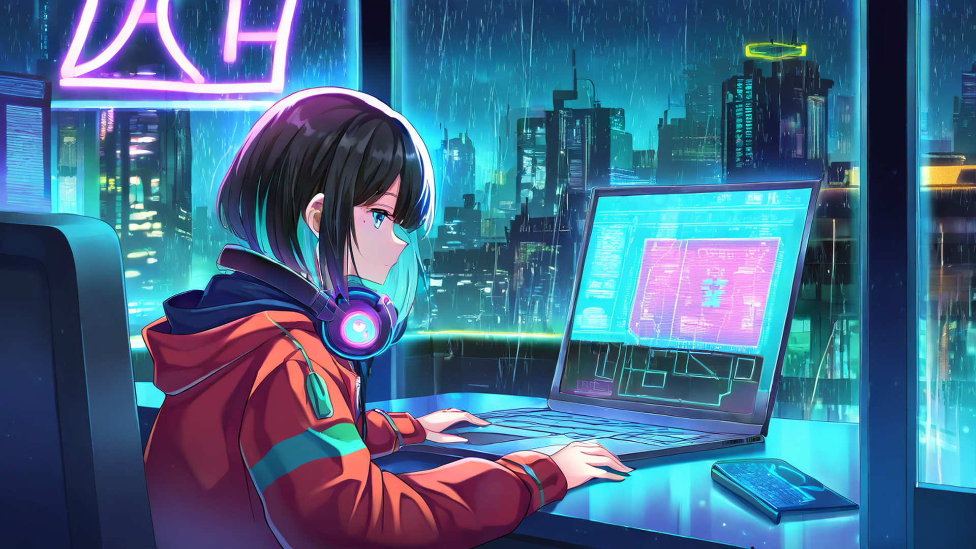 cyberpunk girl neon cafe lofi wallpaper