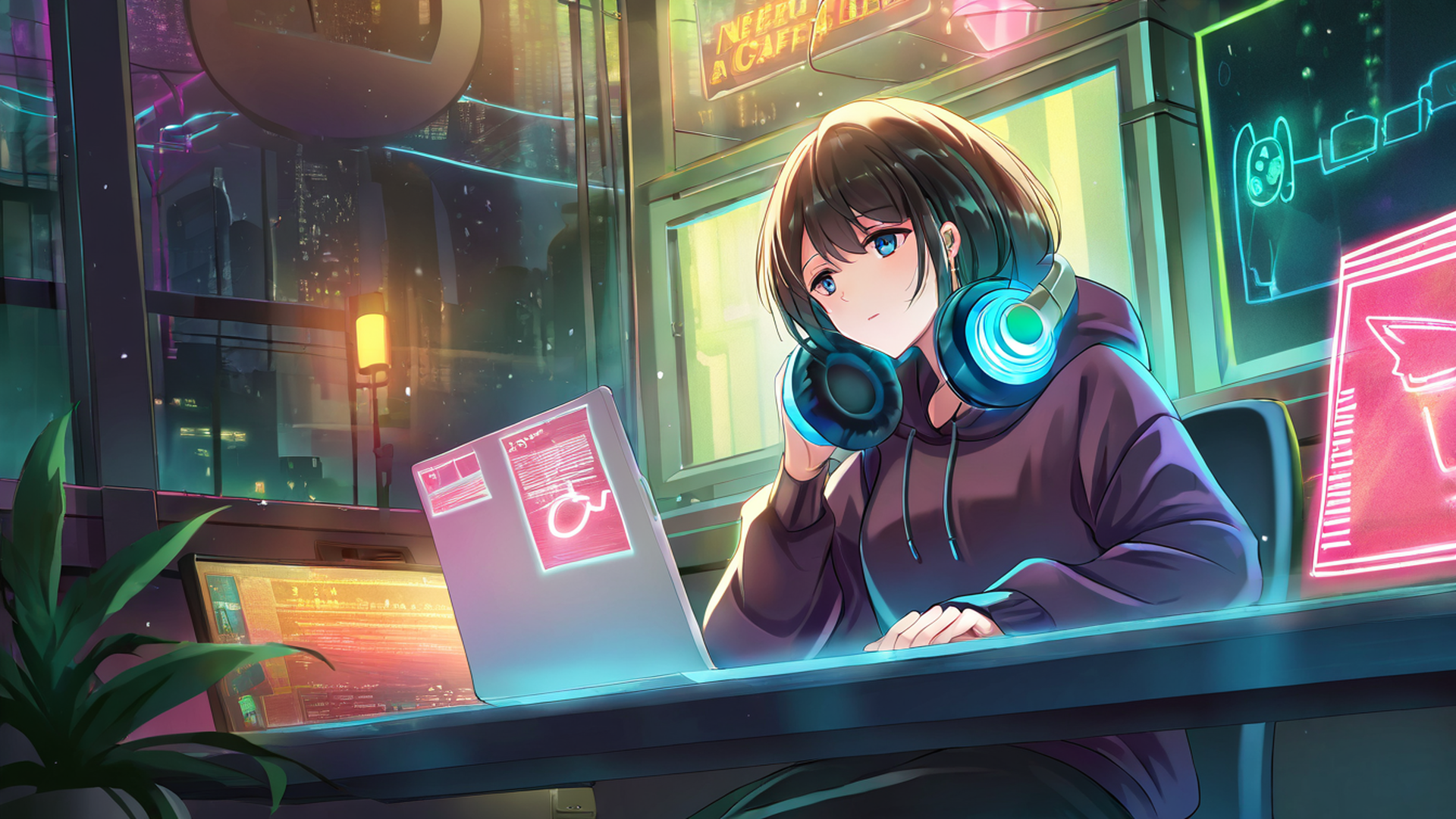 cyberpunk girl neon cafe lofi wallpaper