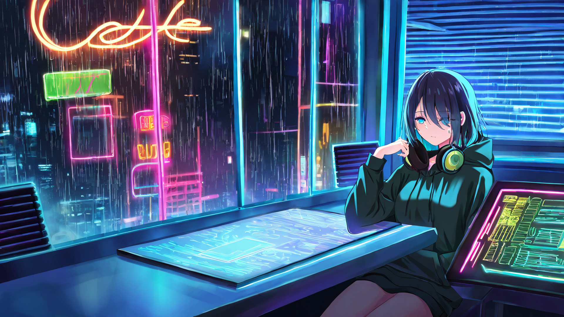 cyberpunk girl neon cafe lofi wallpaper