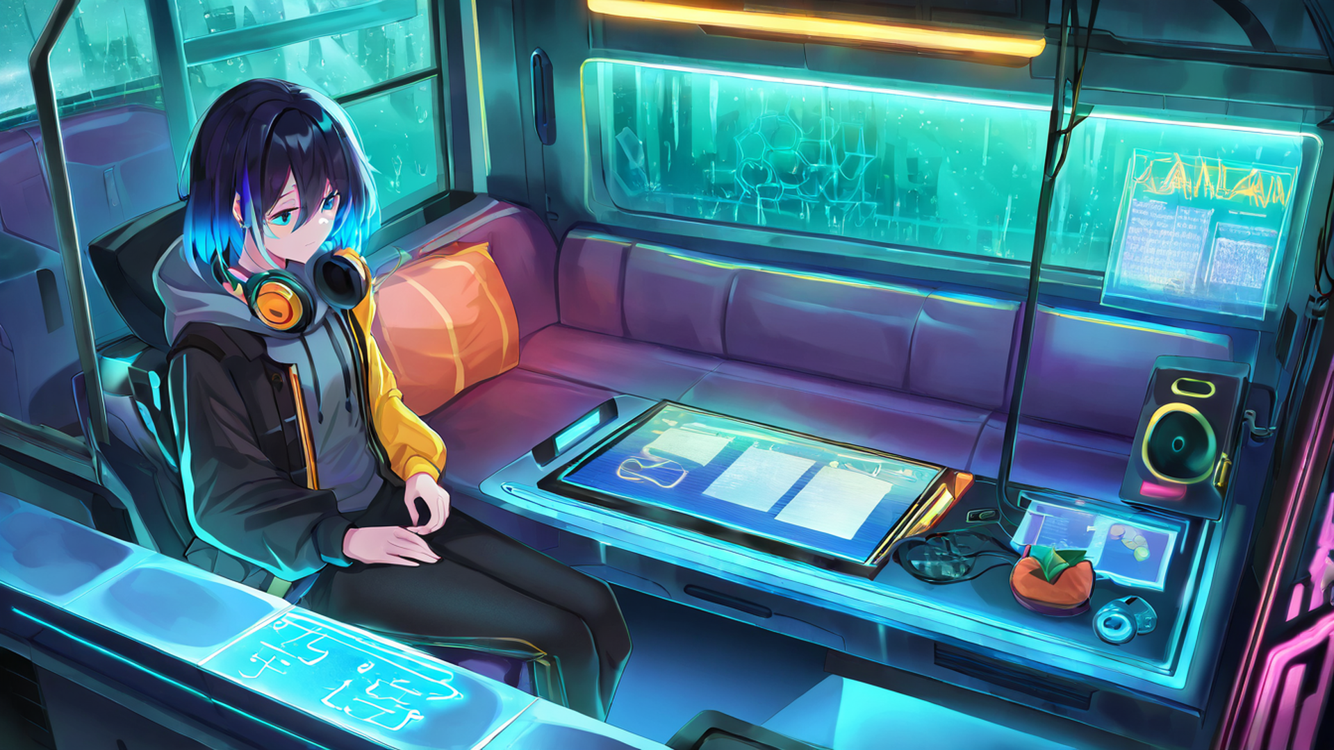 cyberpunk girl neon cafe lofi wallpaper