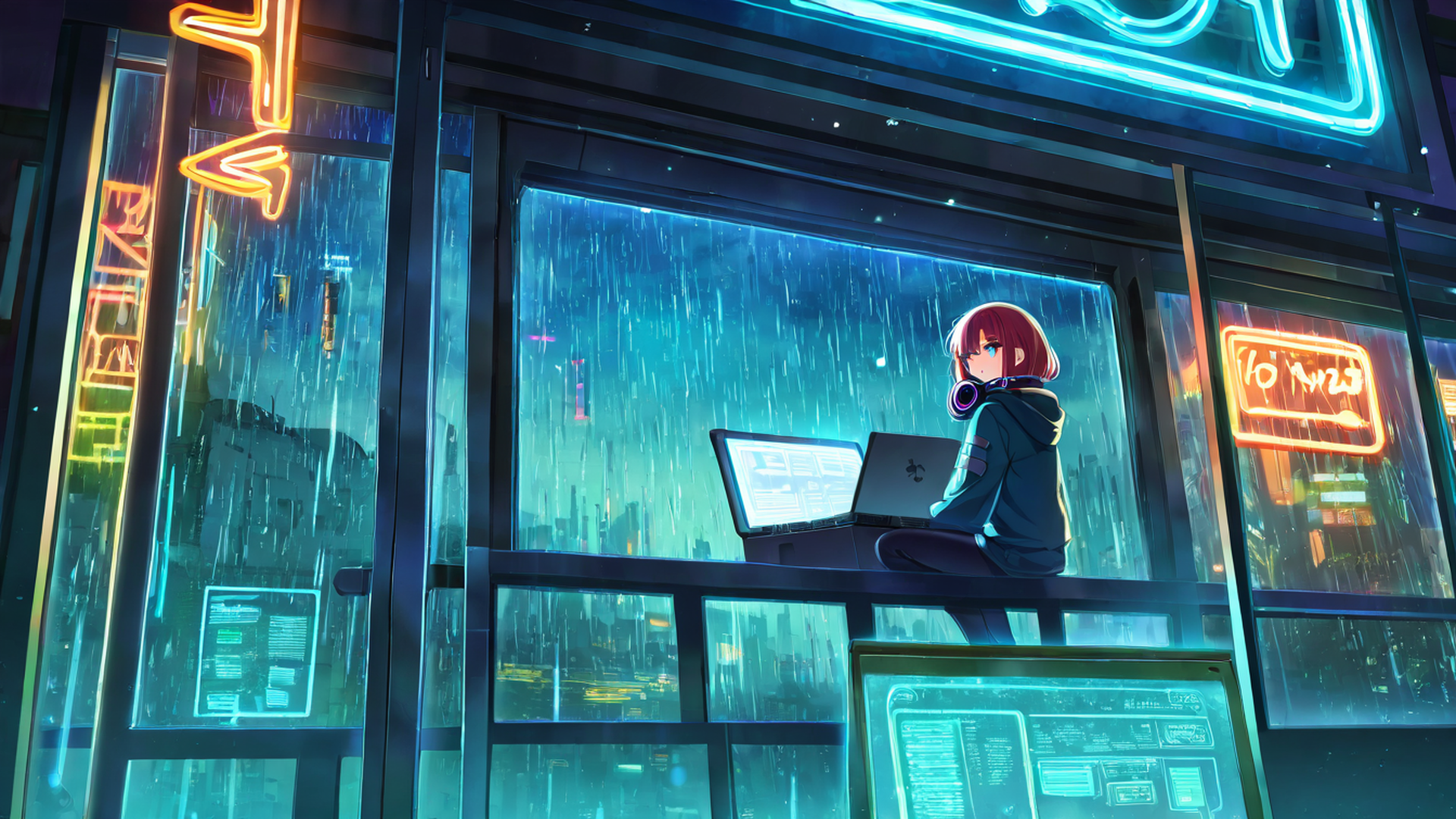 cyberpunk girl neon cafe lofi wallpaper