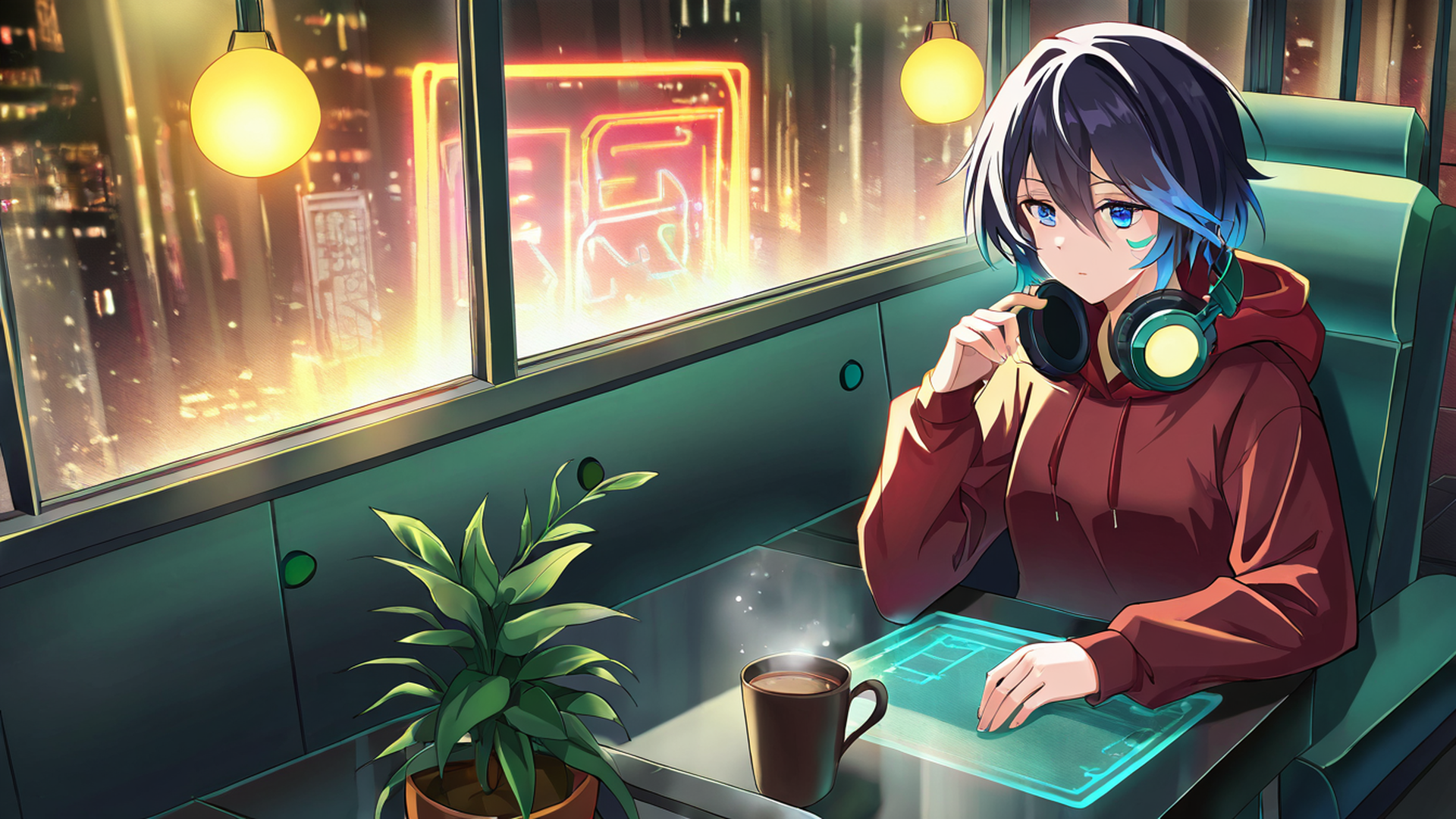 cyberpunk girl neon cafe lofi wallpaper