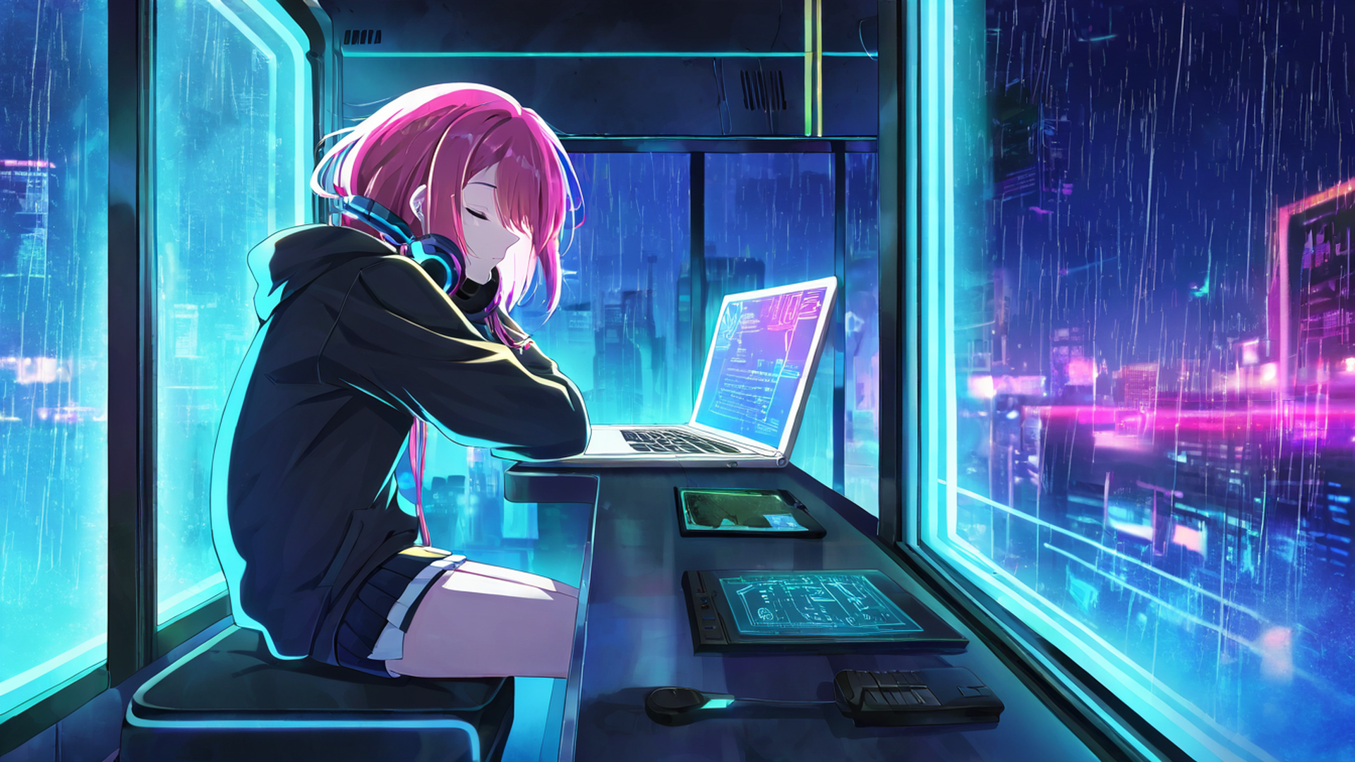 cyberpunk girl neon cafe lofi wallpaper