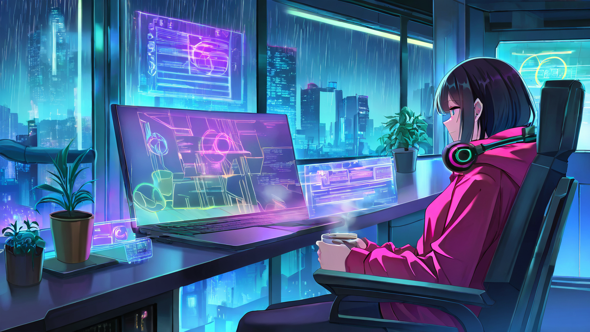 cyberpunk girl neon cafe lofi wallpaper