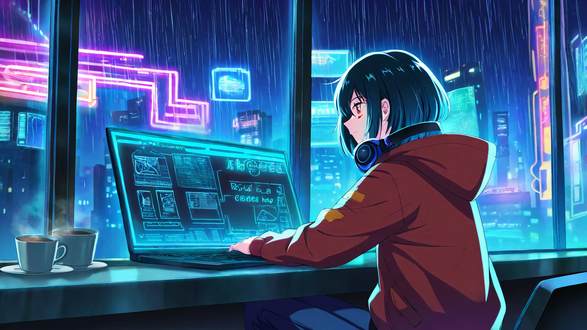cyberpunk girl neon cafe lofi wallpaper