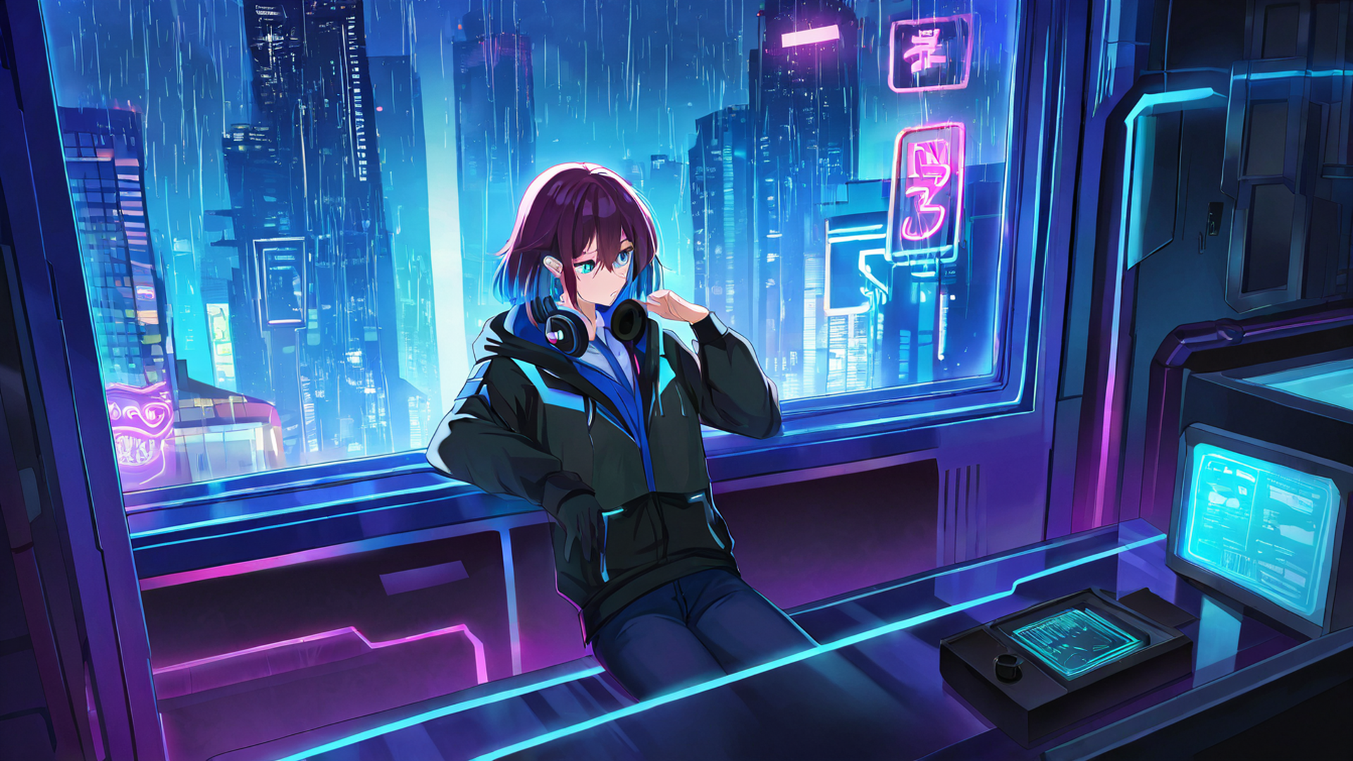cyberpunk girl neon cafe lofi wallpaper