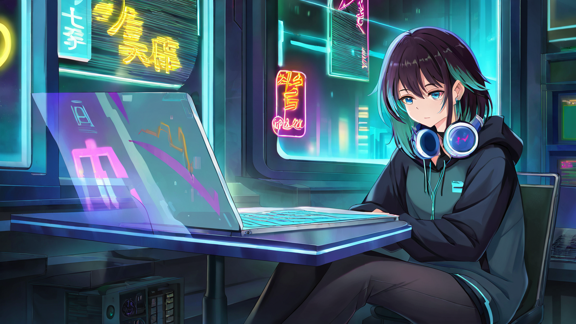 cyberpunk girl neon cafe lofi wallpaper